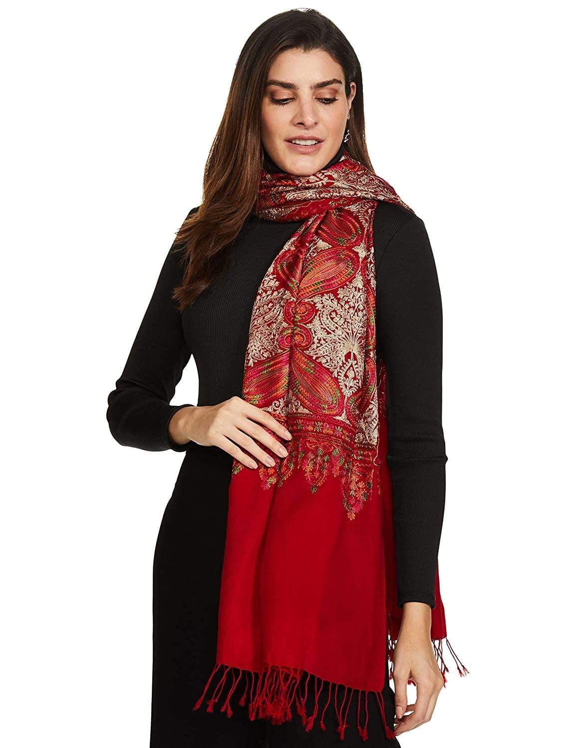 Pashtush India 70x200 Pashtush Womens Fine Count, Silky Thread Nalki Embroidery Stole, Crimson