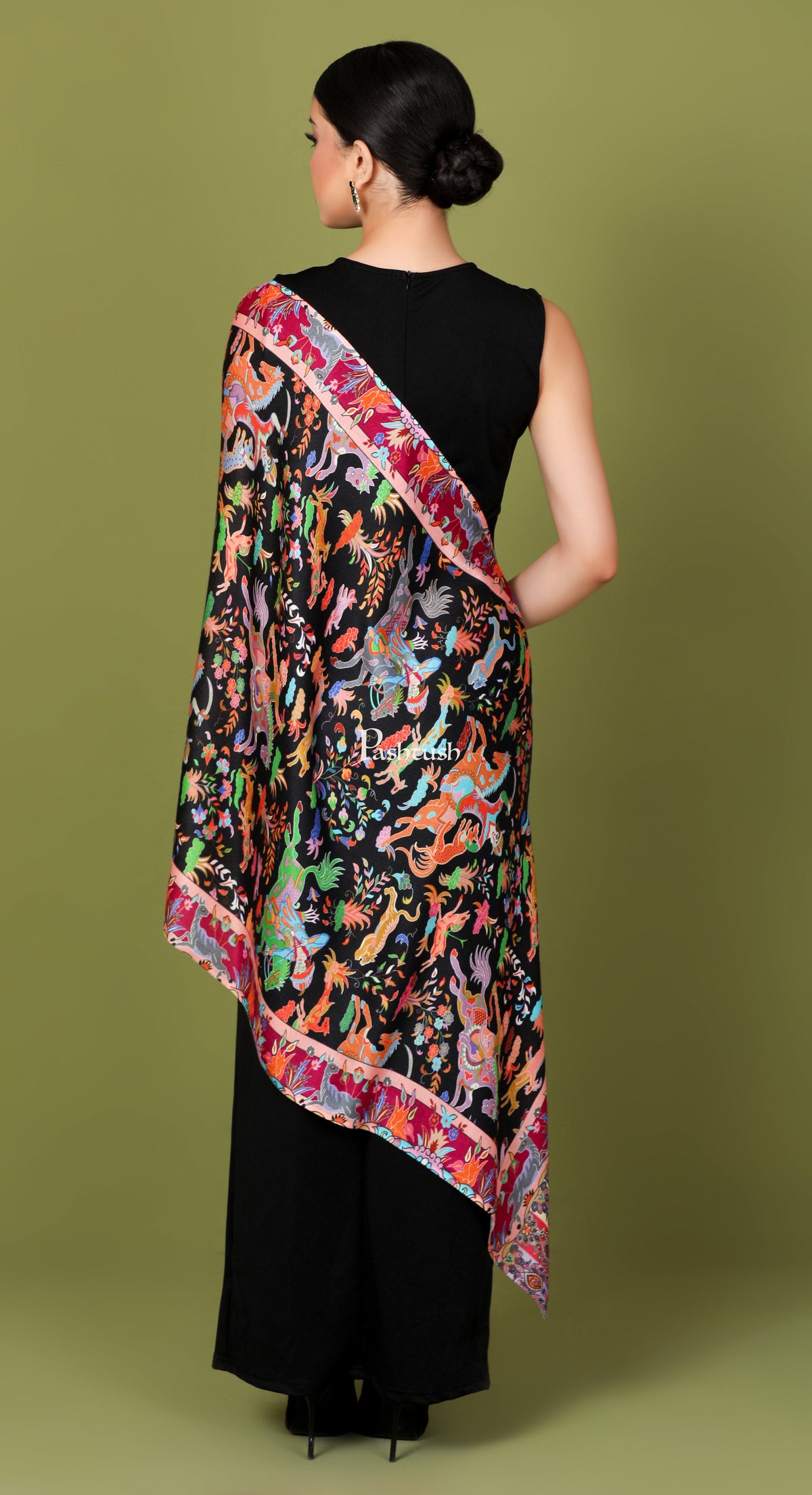 Pashtush India Womens Stoles and Scarves Scarf Pashtush Womens Fine Soft Bamboo Stole, Shikaardar Design - Black