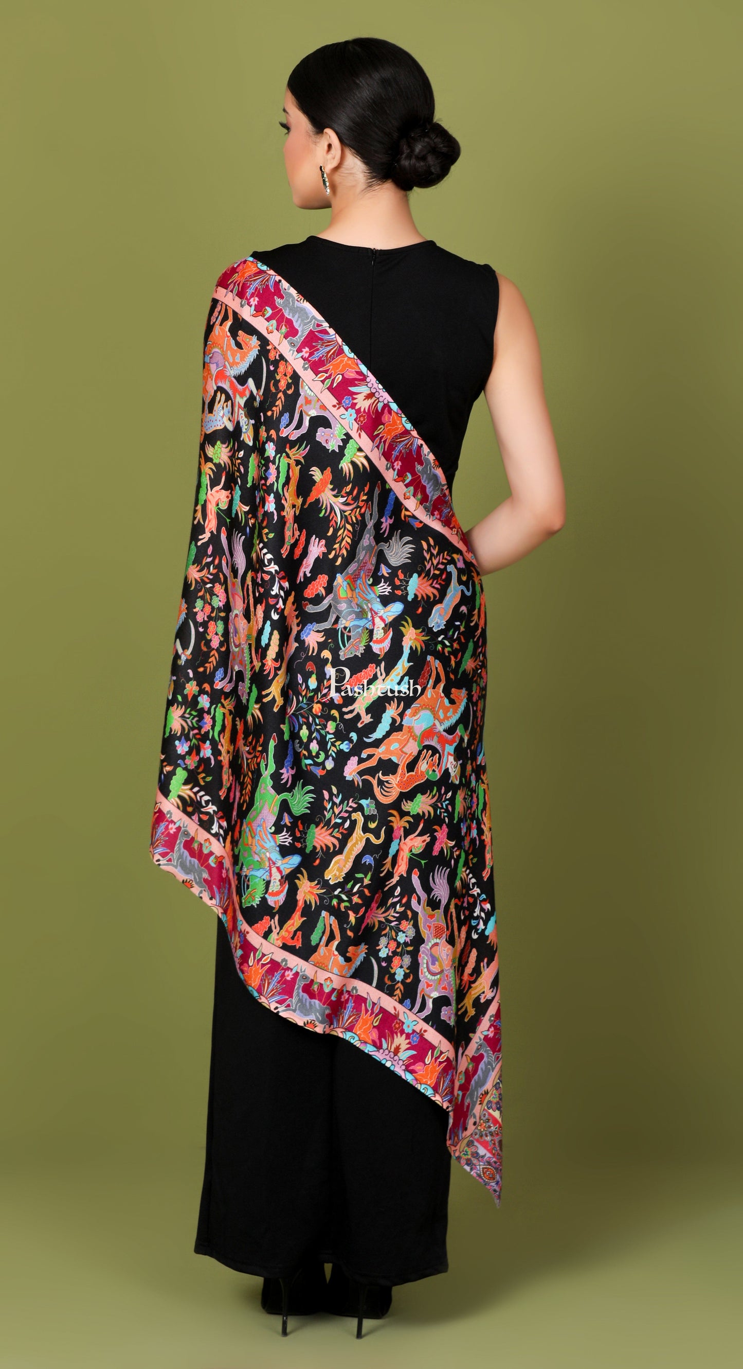 Pashtush India Womens Stoles and Scarves Scarf Pashtush Womens Fine Soft Bamboo Stole, Shikaardar Design - Black