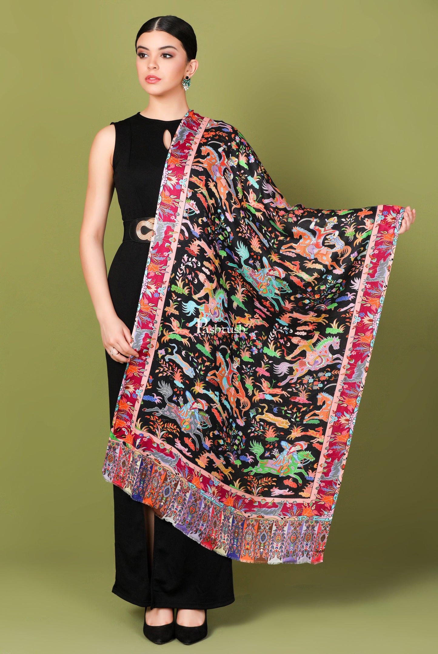 Pashtush India Womens Stoles and Scarves Scarf Pashtush Womens Fine Soft Bamboo Stole, Shikaardar Design - Black