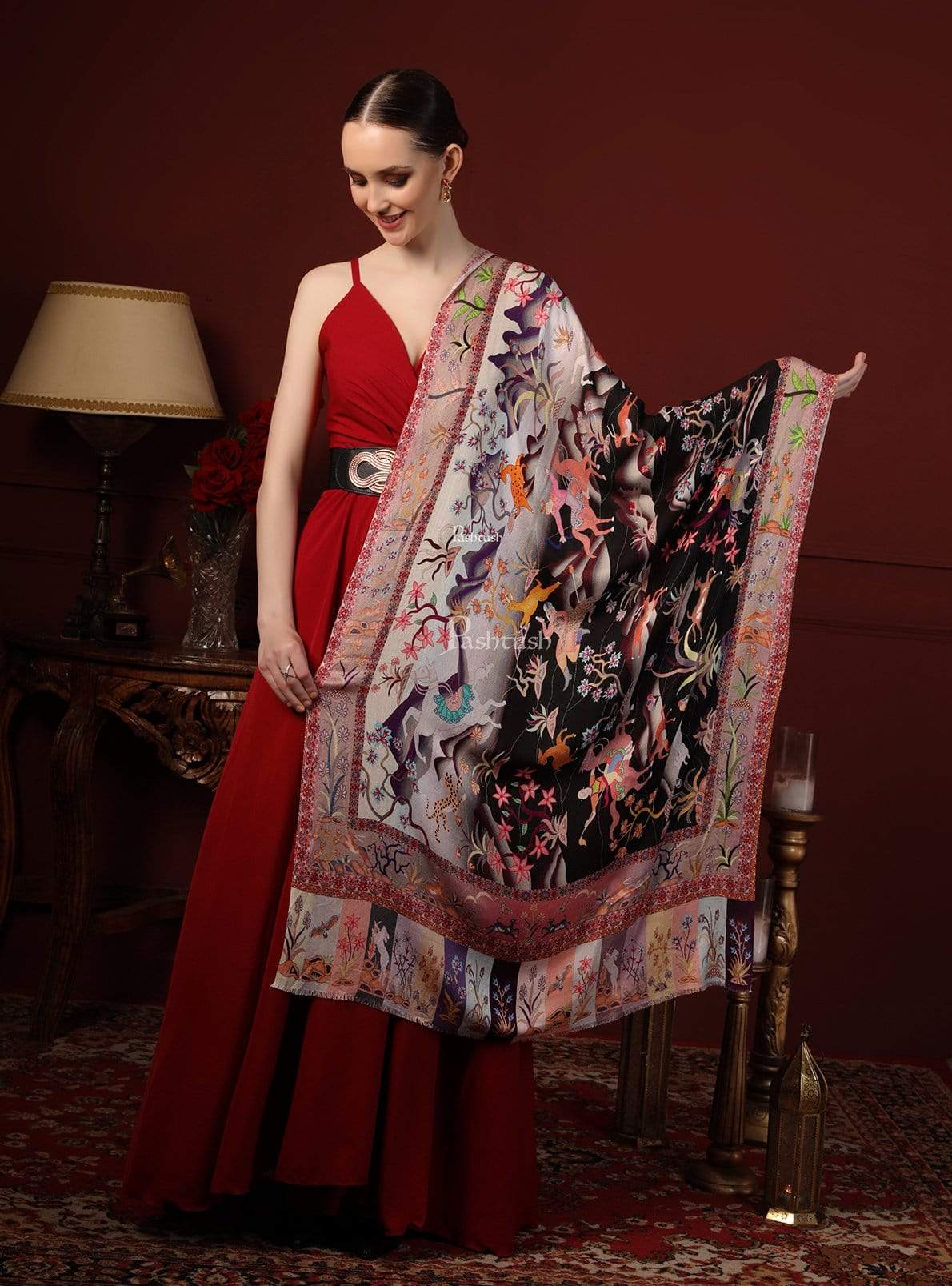 Pashtush India 70x200 Pashtush Womens fine Soft Bamboo Stole, Shikaardar Print Design