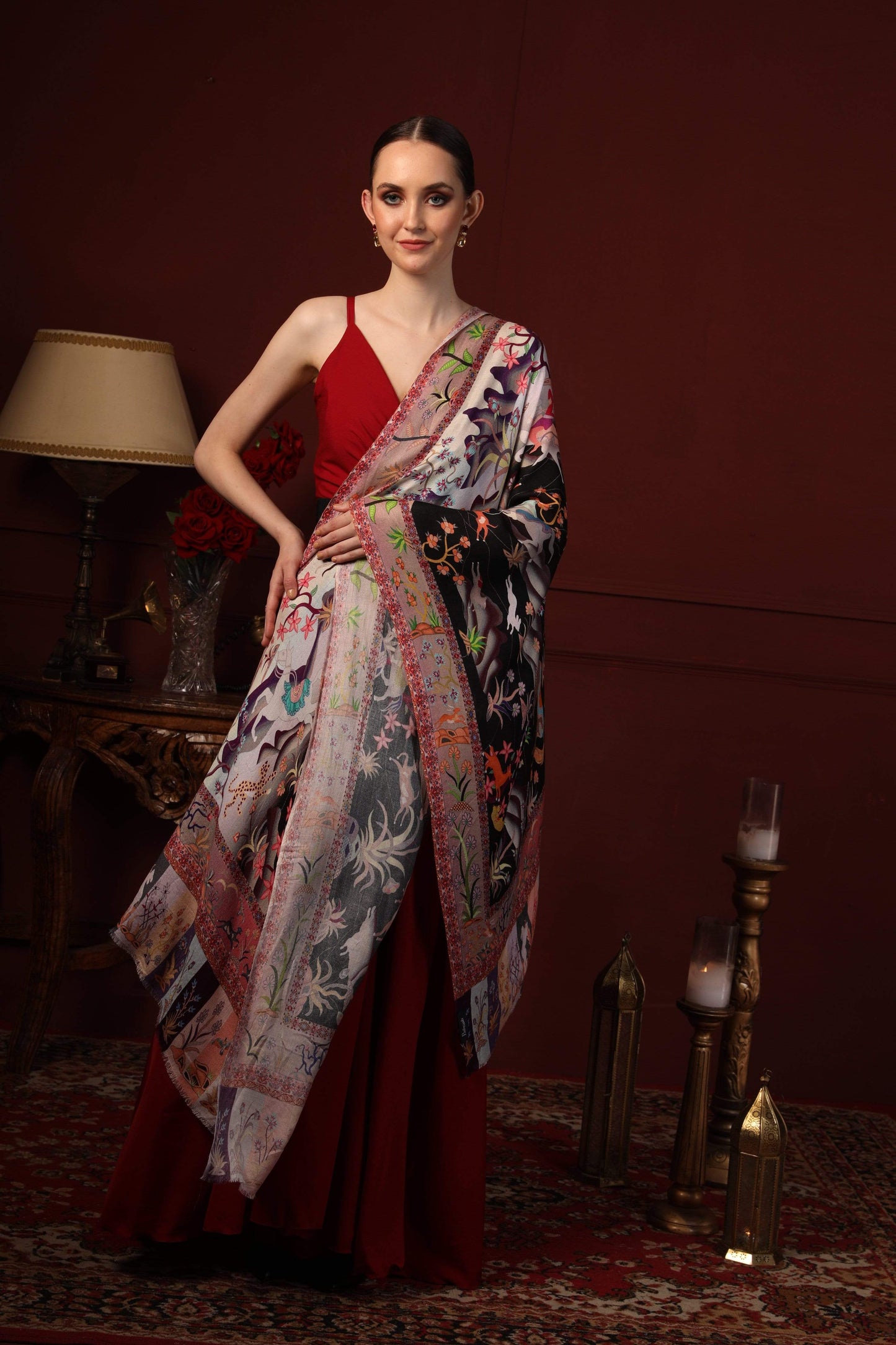 Pashtush India 70x200 Pashtush Womens fine Soft Bamboo Stole, Shikaardar Print Design