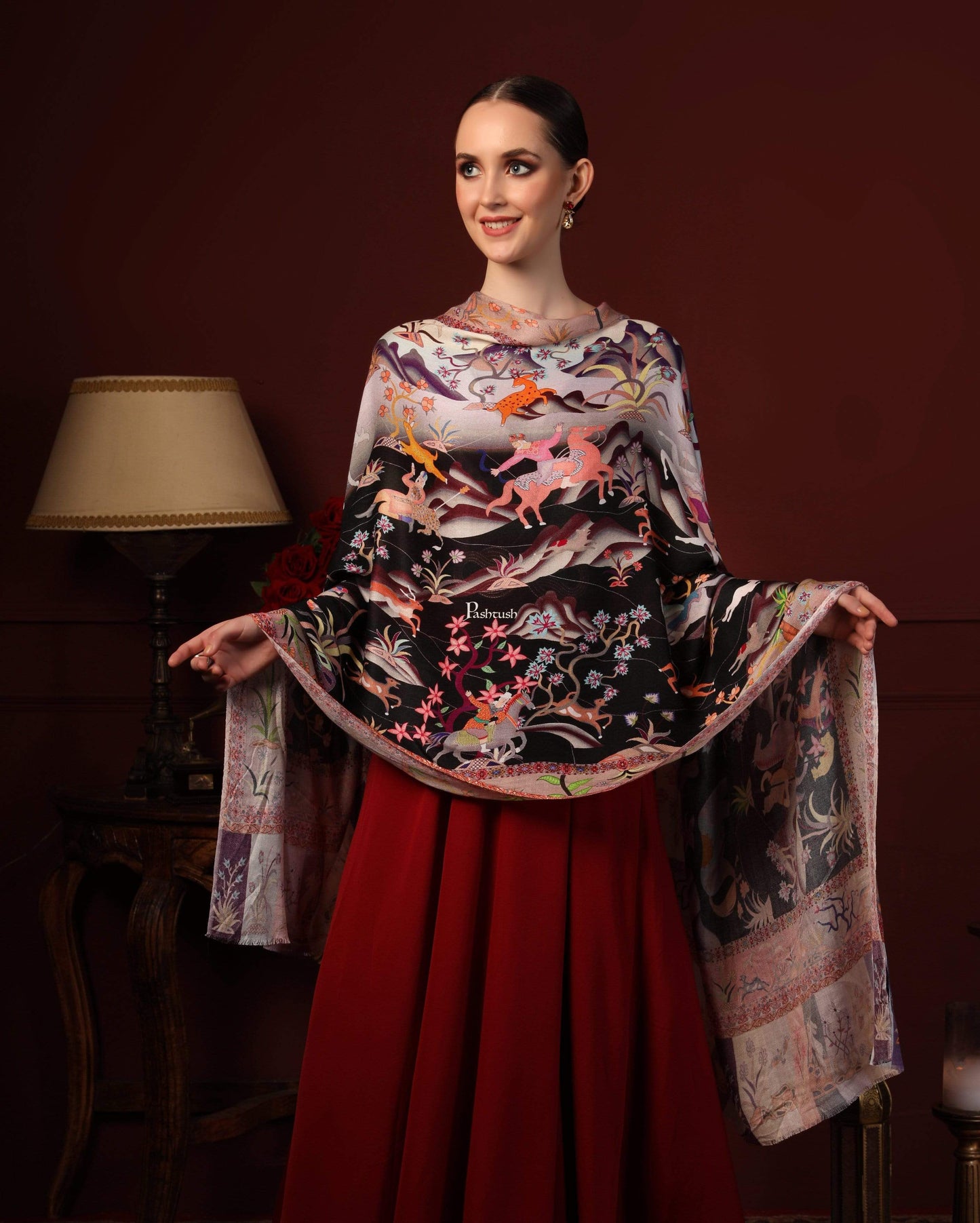 Pashtush India 70x200 Pashtush Womens fine Soft Bamboo Stole, Shikaardar Print Design