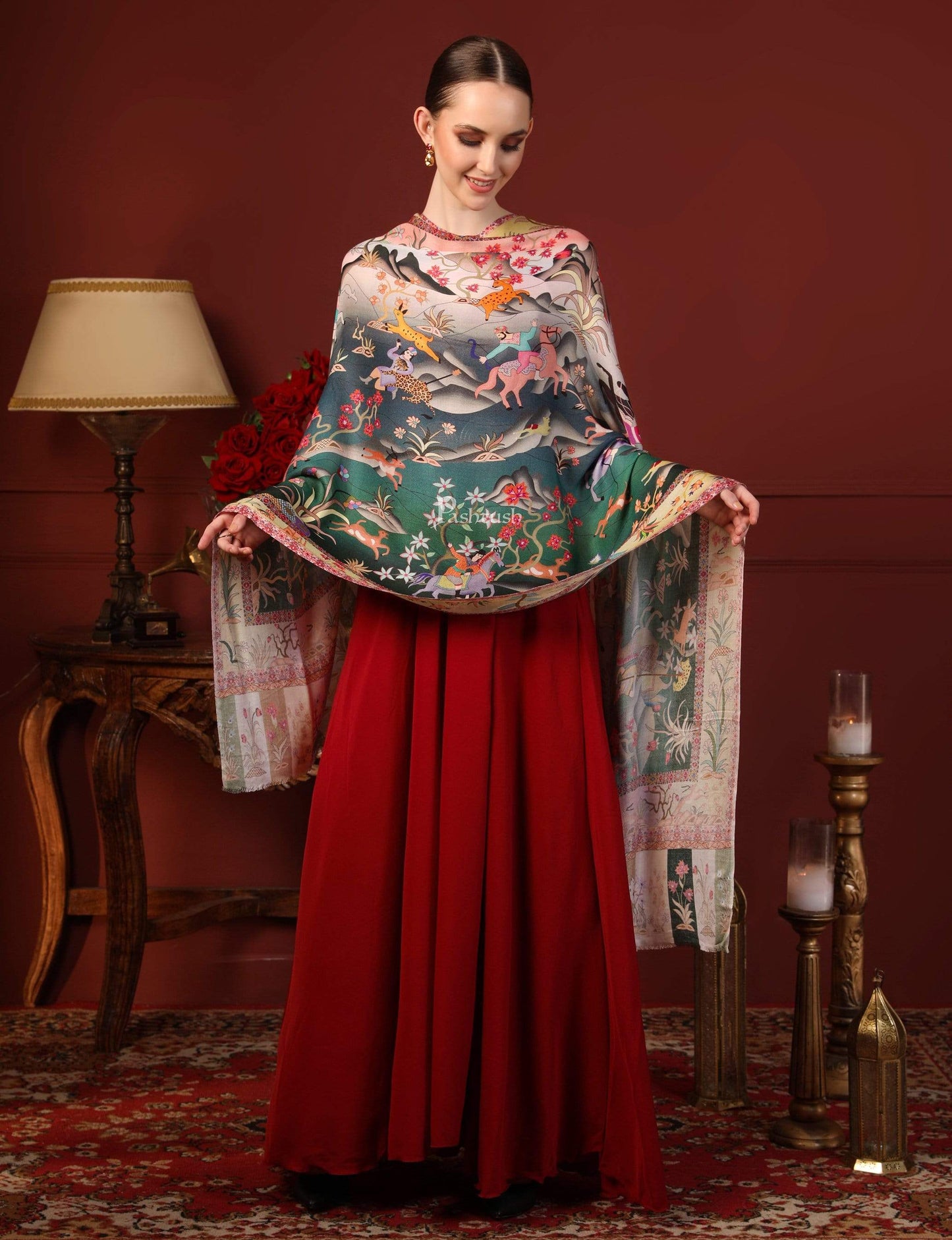 Pashtush India 70x200 Pashtush Womens fine Soft Bamboo Stole, Shikaardar Print Design