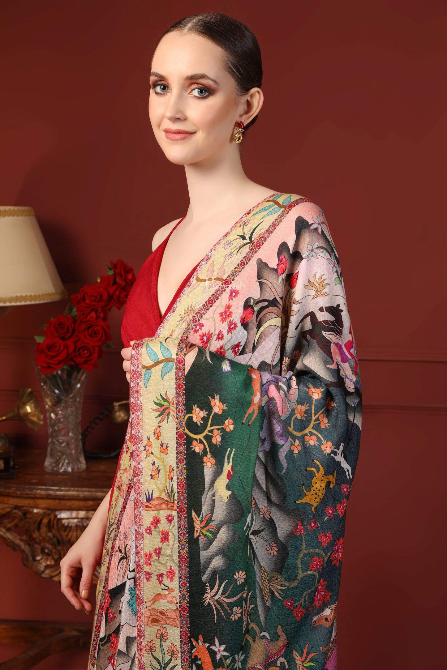 Pashtush India 70x200 Pashtush Womens fine Soft Bamboo Stole, Shikaardar Print Design