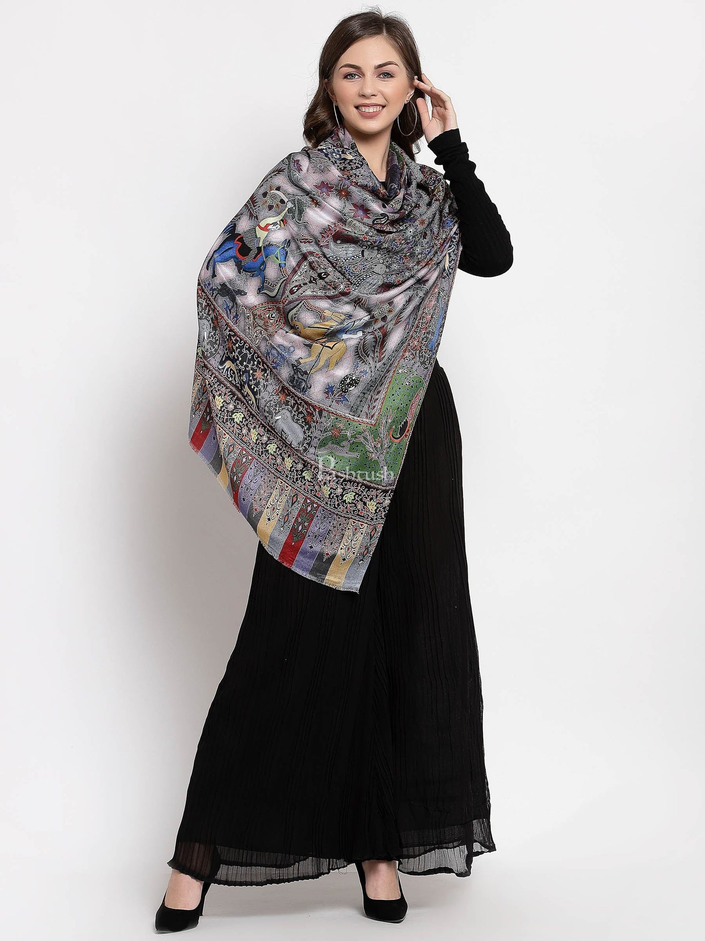 Pashtush India Womens Stoles and Scarves Scarf Pashtush Womens Fine Soft Bamboo Stole, Shikaardar Print Design