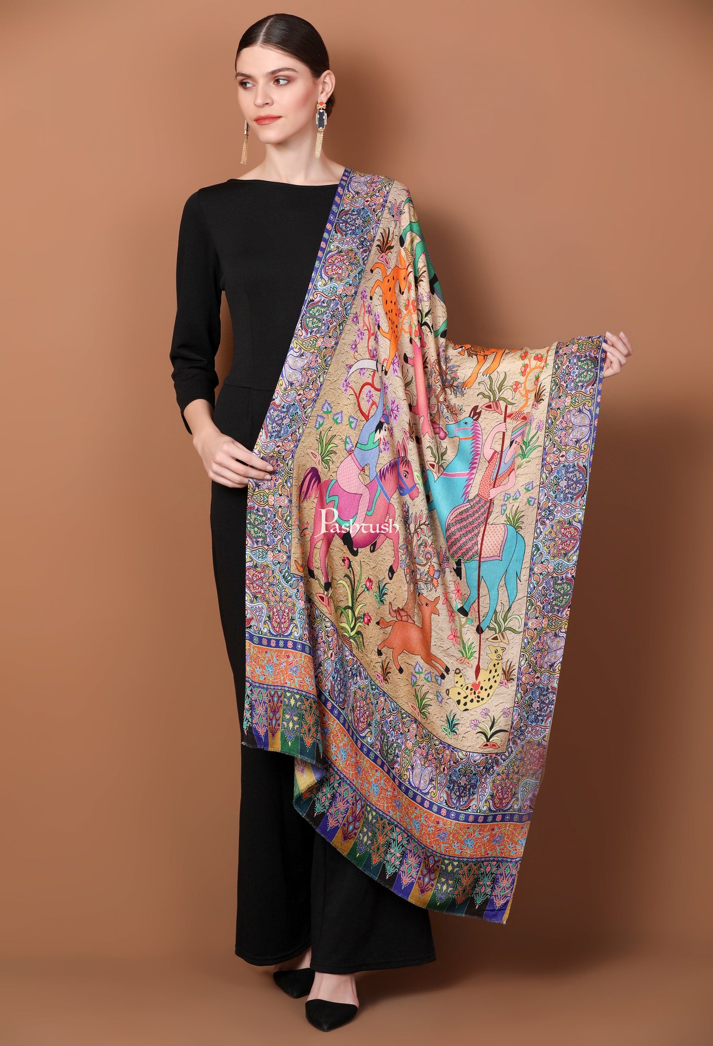 Pashtush India Womens Stoles and Scarves Scarf Pashtush Womens Fine Soft Bamboo Stole, Shikaardar Print Design
