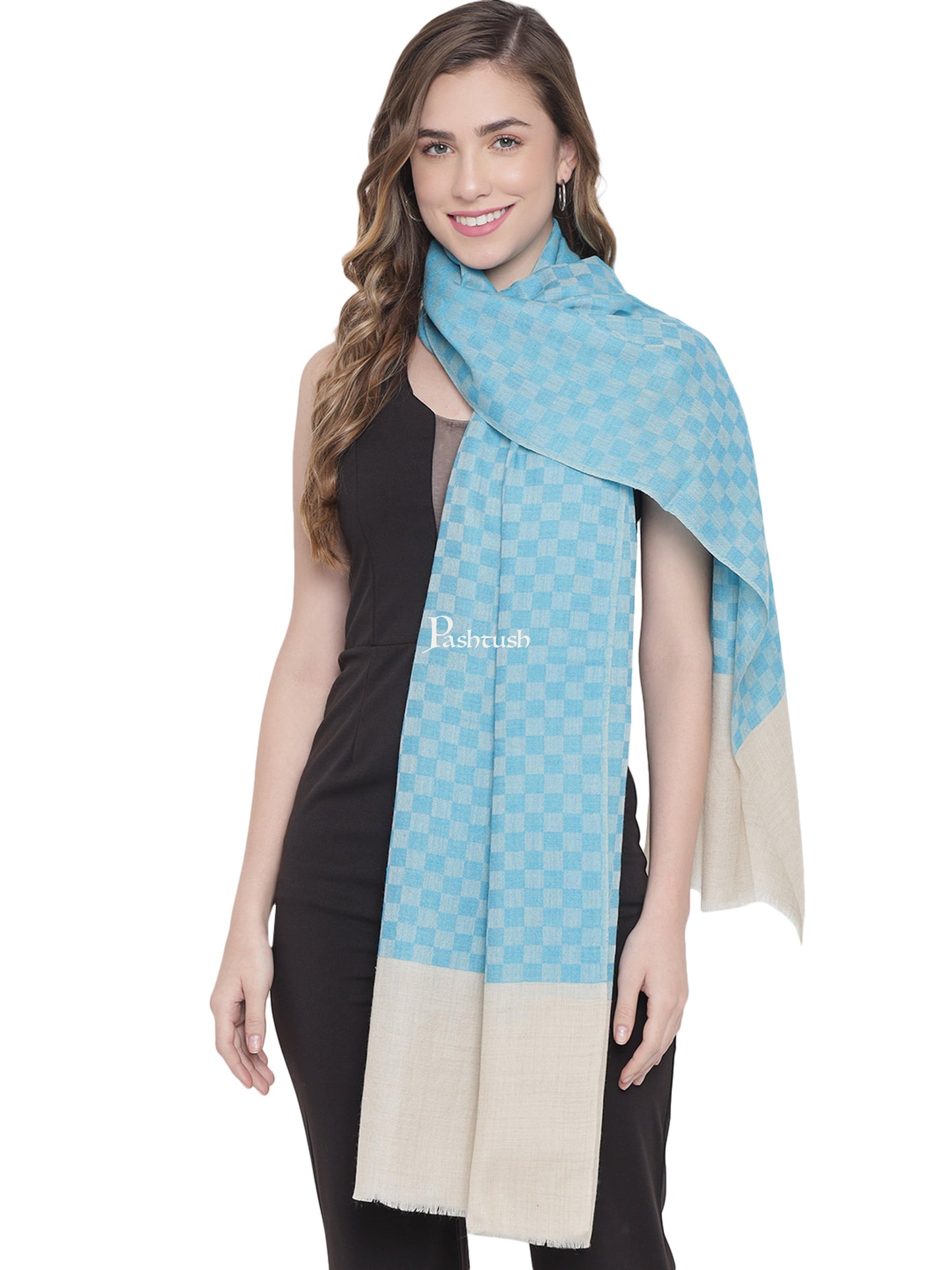 Pashtush India Womens Stoles and Scarves Scarf Pashtush Womens, Fine Wool, Checkered Stole, Blue