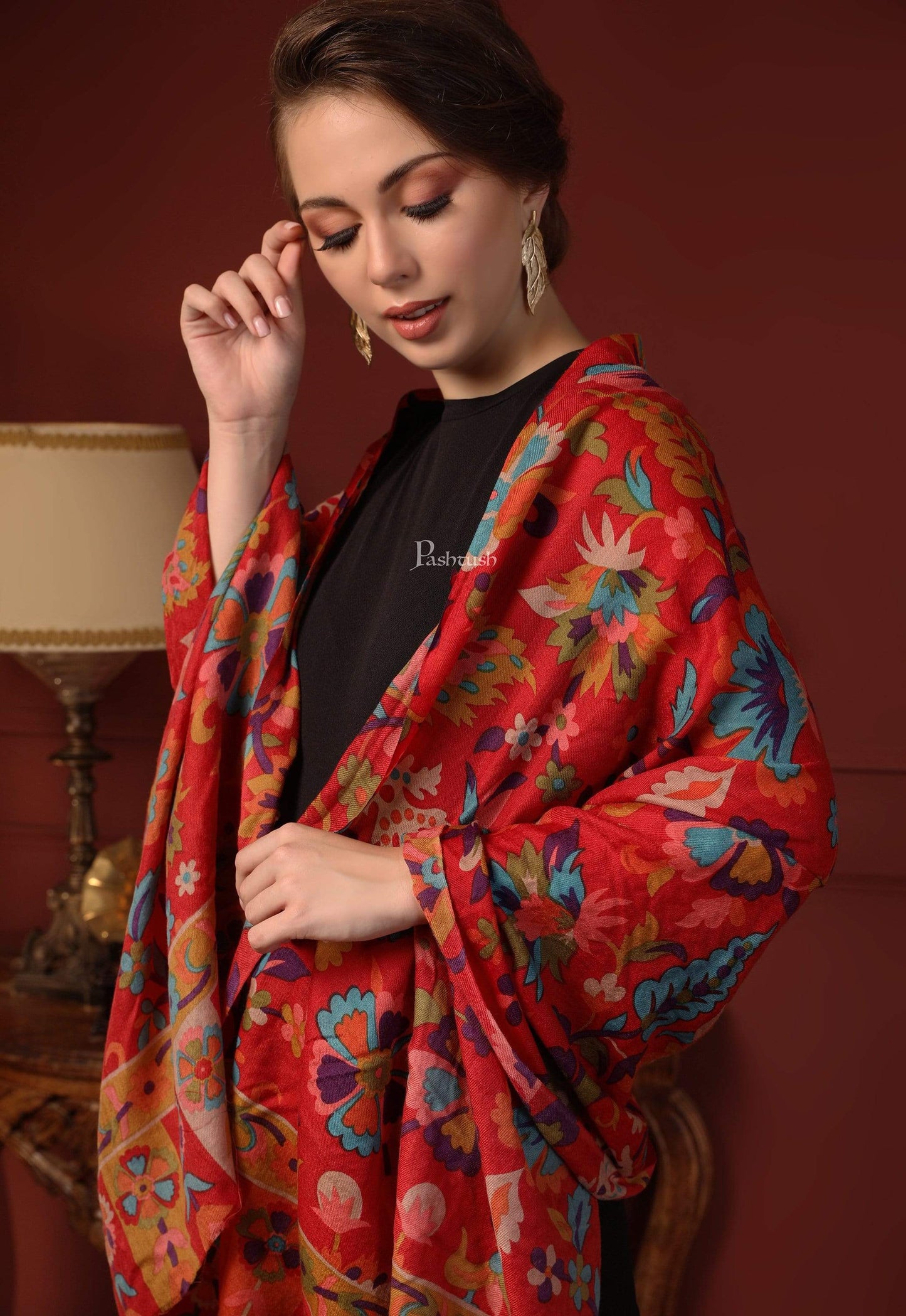 Pashtush India 70x200 Pashtush Womens Fine Wool Hand Printed Stole, Multicoloured