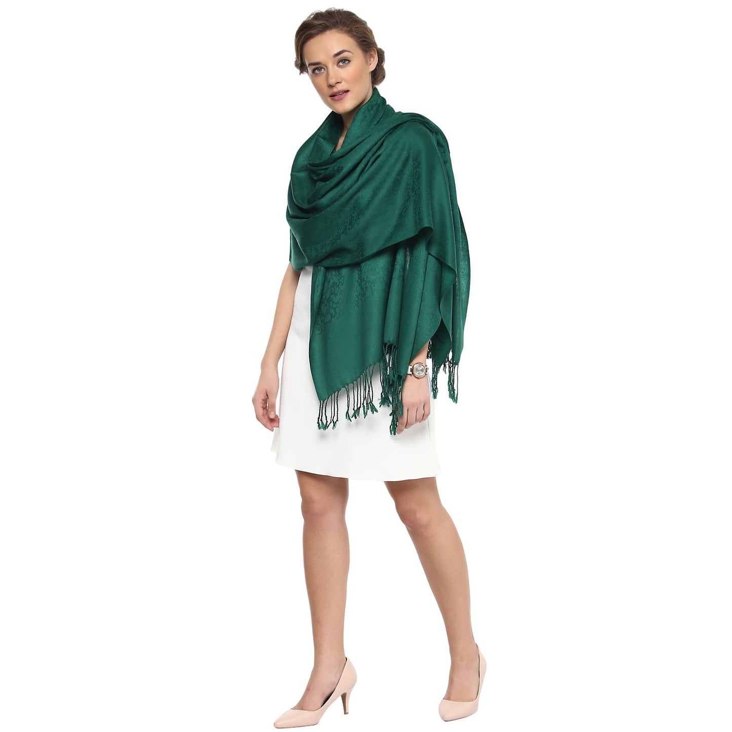 Pashtush India 70x200 Pashtush Womens Fine Wool Jacquard Muffler - Bottle Green