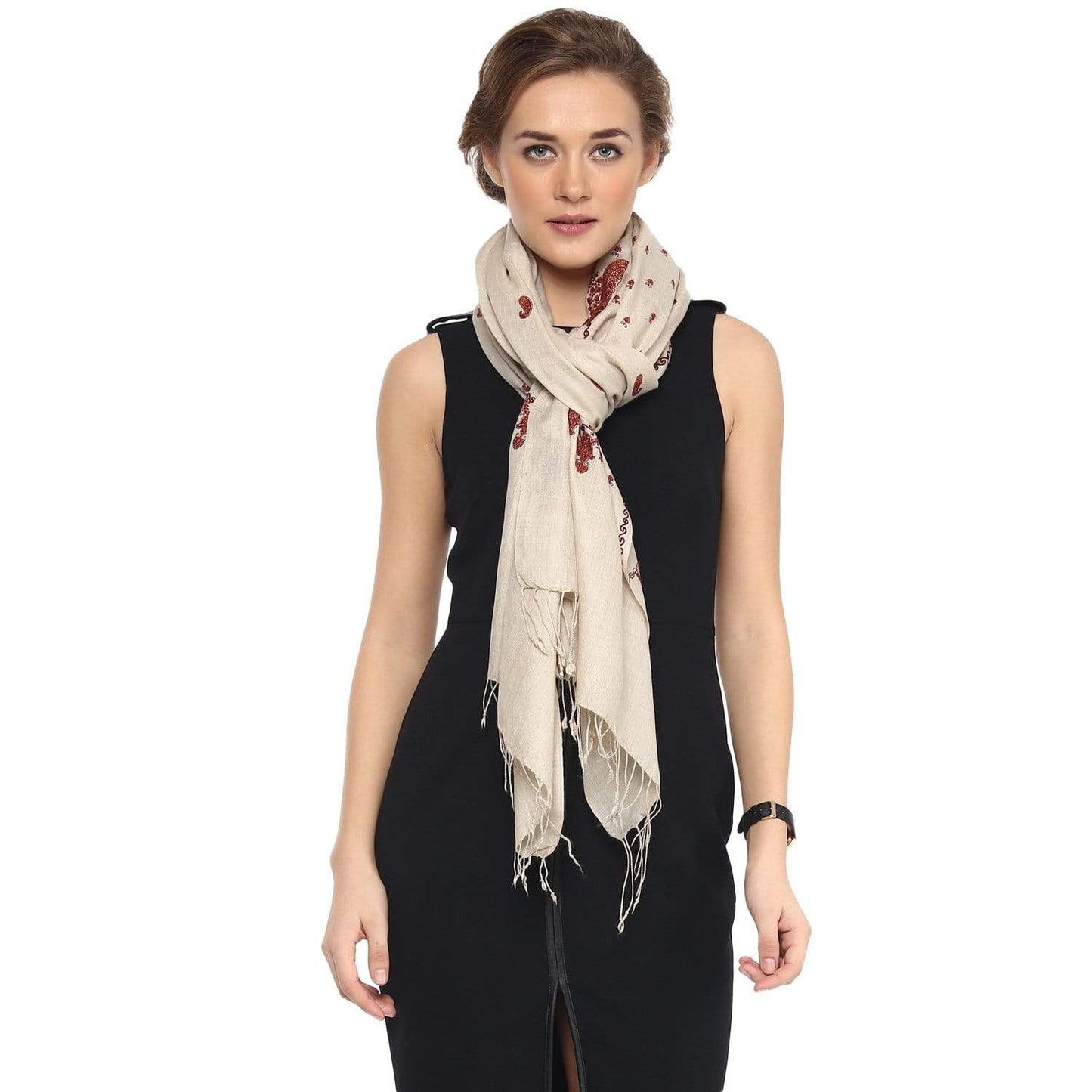 Pashtush India Stole Pashtush Womens Fine Wool Kashmiri Embroidery Stole, Beige