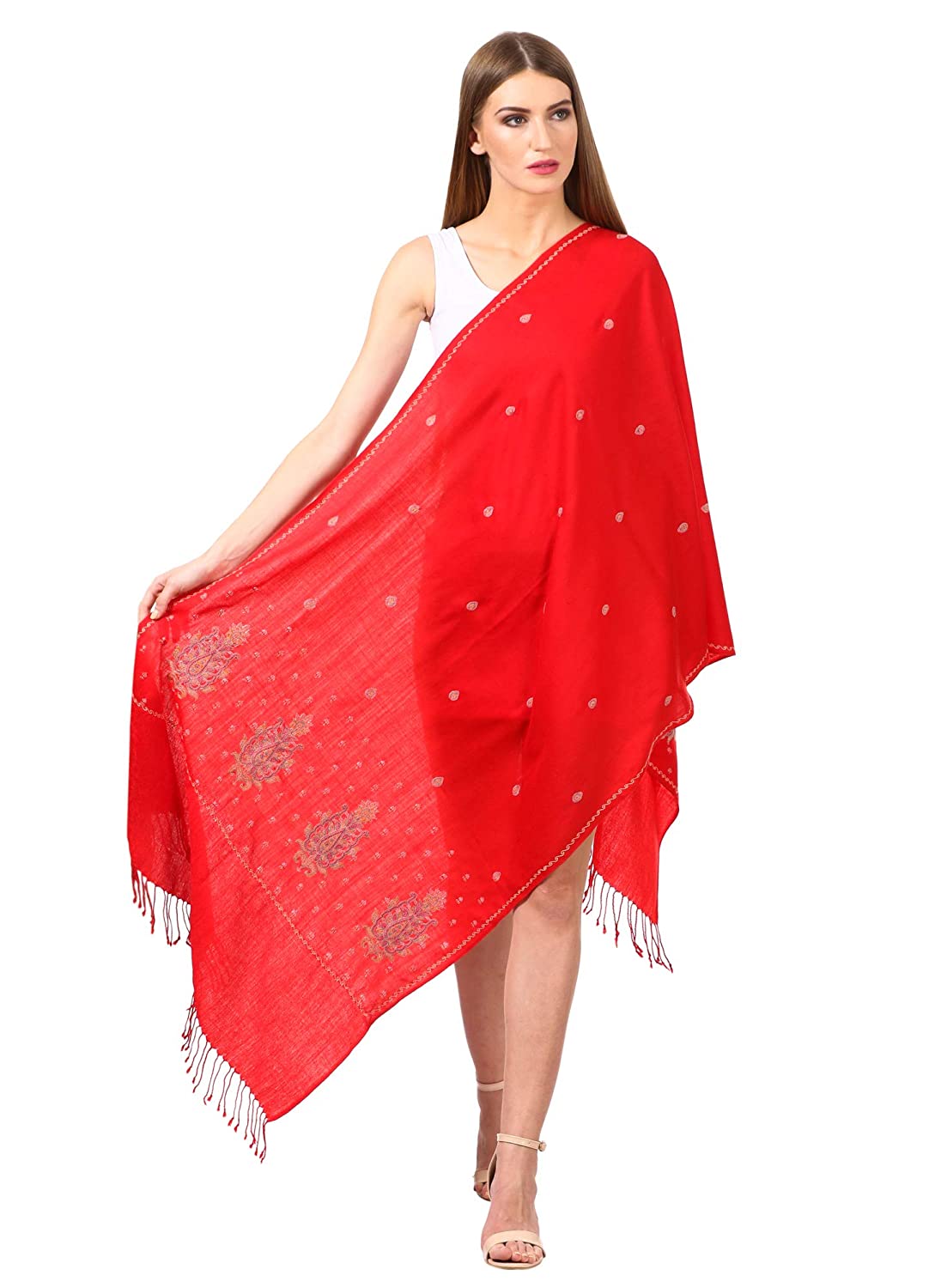 Pashtush Womens Fine Wool Embroidery Stole, Red