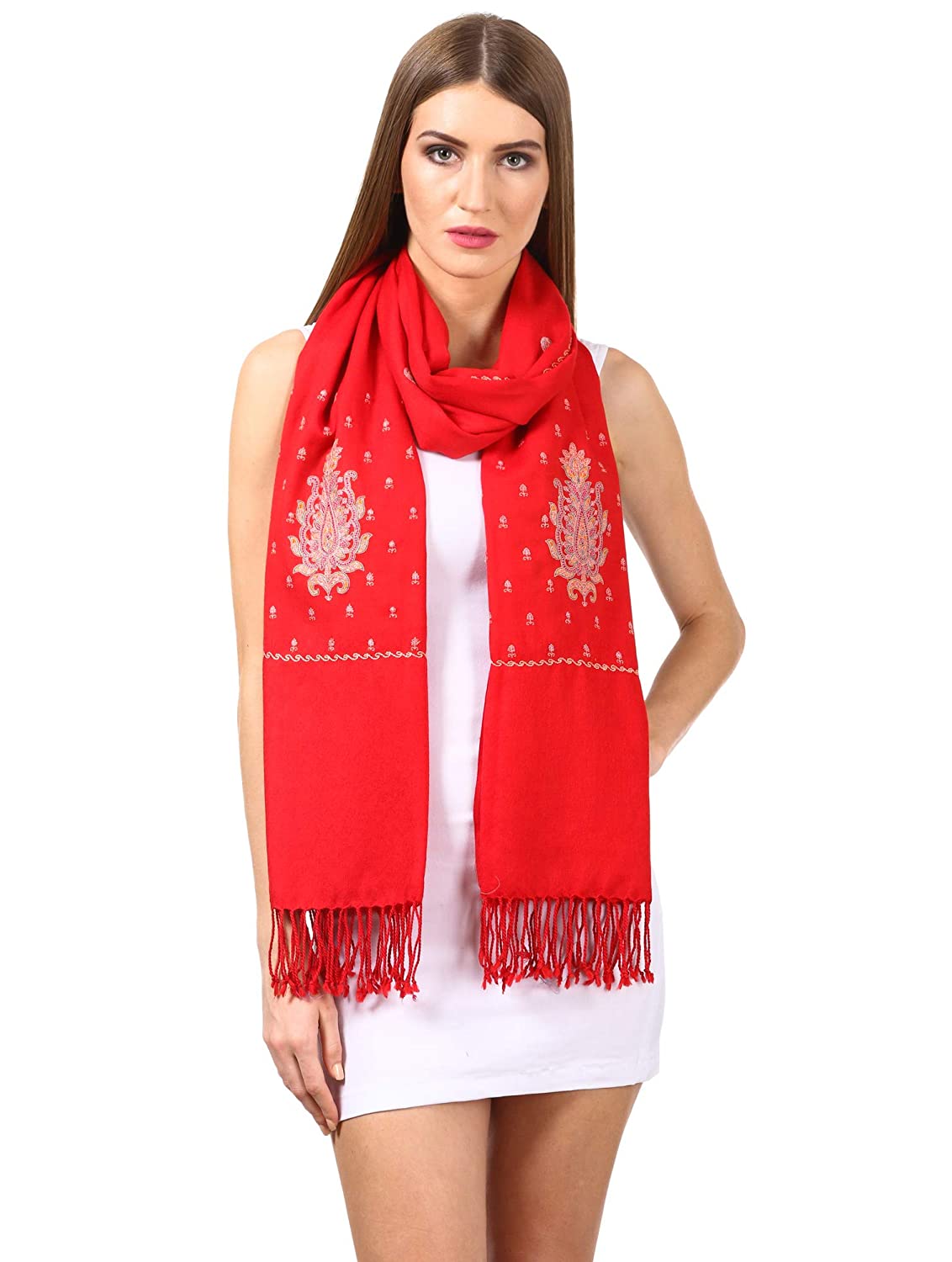 Pashtush Womens Fine Wool Embroidery Stole, Red
