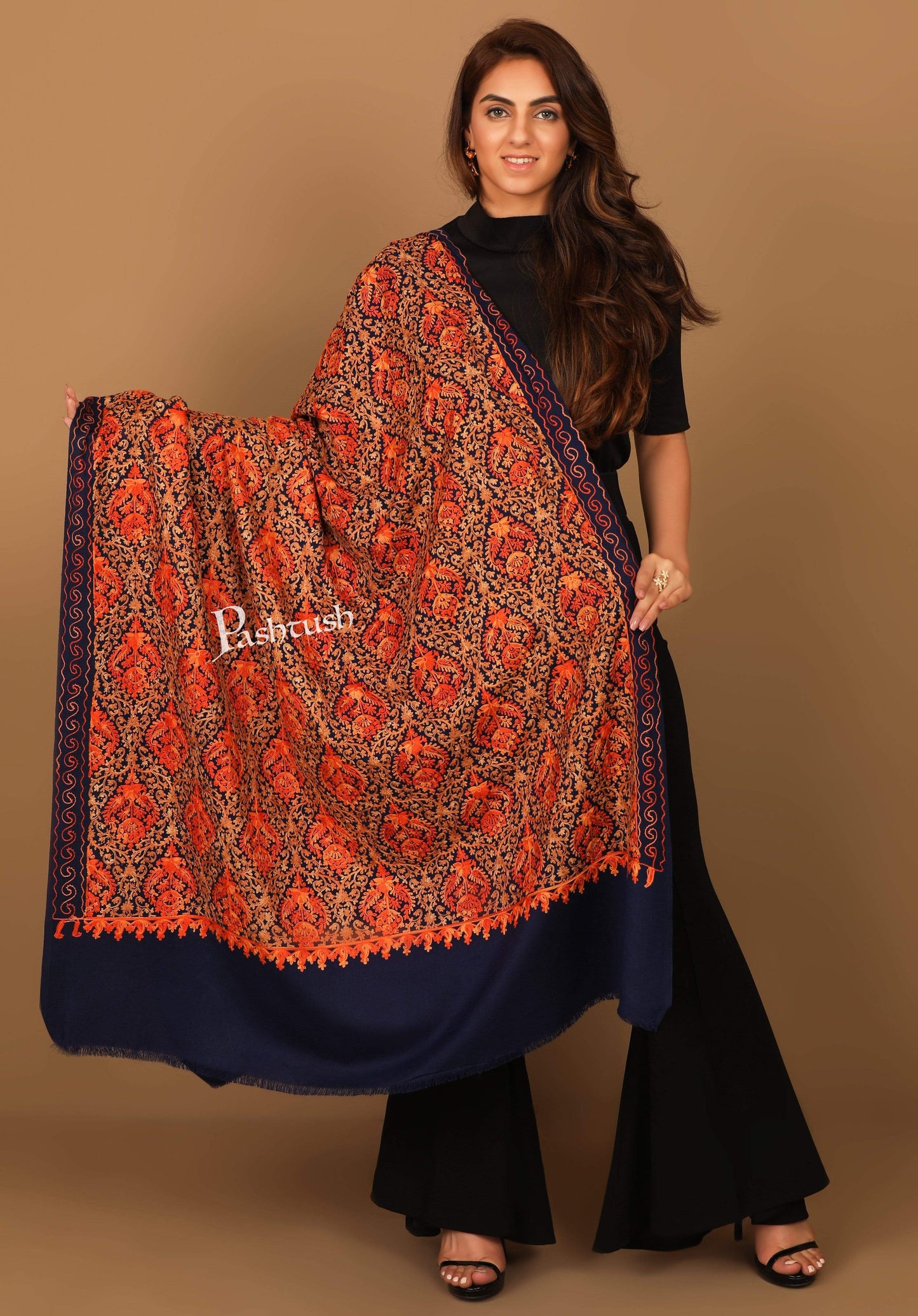 Pashtush Store Shawl Pashtush Womens Fine Wool, Kashmiri Nalki Embroidery Needlework Shawl, Navy Blue