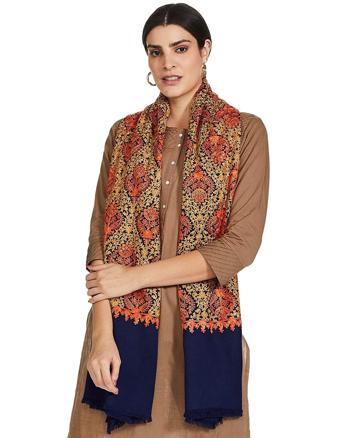 Pashtush India 70x200 Pashtush Womens Fine Wool, Kashmiri Nalki Embroidery Needlework Shawl, Navy Blue