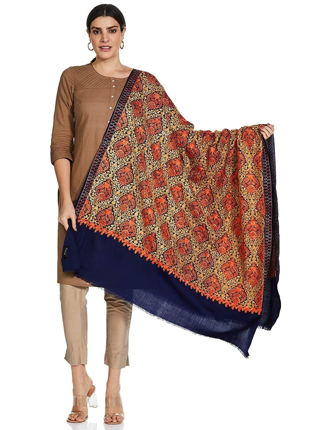 Pashtush India 70x200 Pashtush Womens Fine Wool, Kashmiri Nalki Embroidery Needlework Shawl, Navy Blue