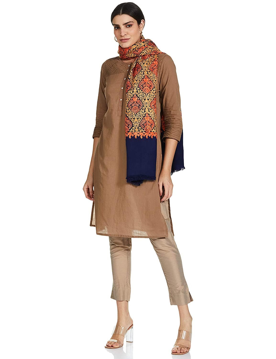 Pashtush India 70x200 Pashtush Womens Fine Wool, Kashmiri Nalki Embroidery Needlework Shawl, Navy Blue