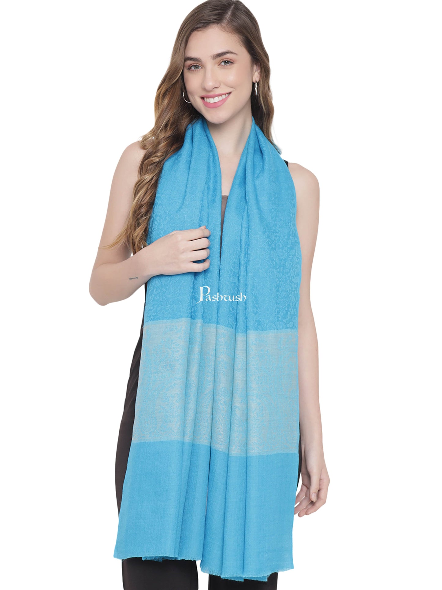 Pashtush India Womens Stoles and Scarves Scarf Pashtush Womens, Fine Wool, Self Stole, Paisley Weave, Rich Blue