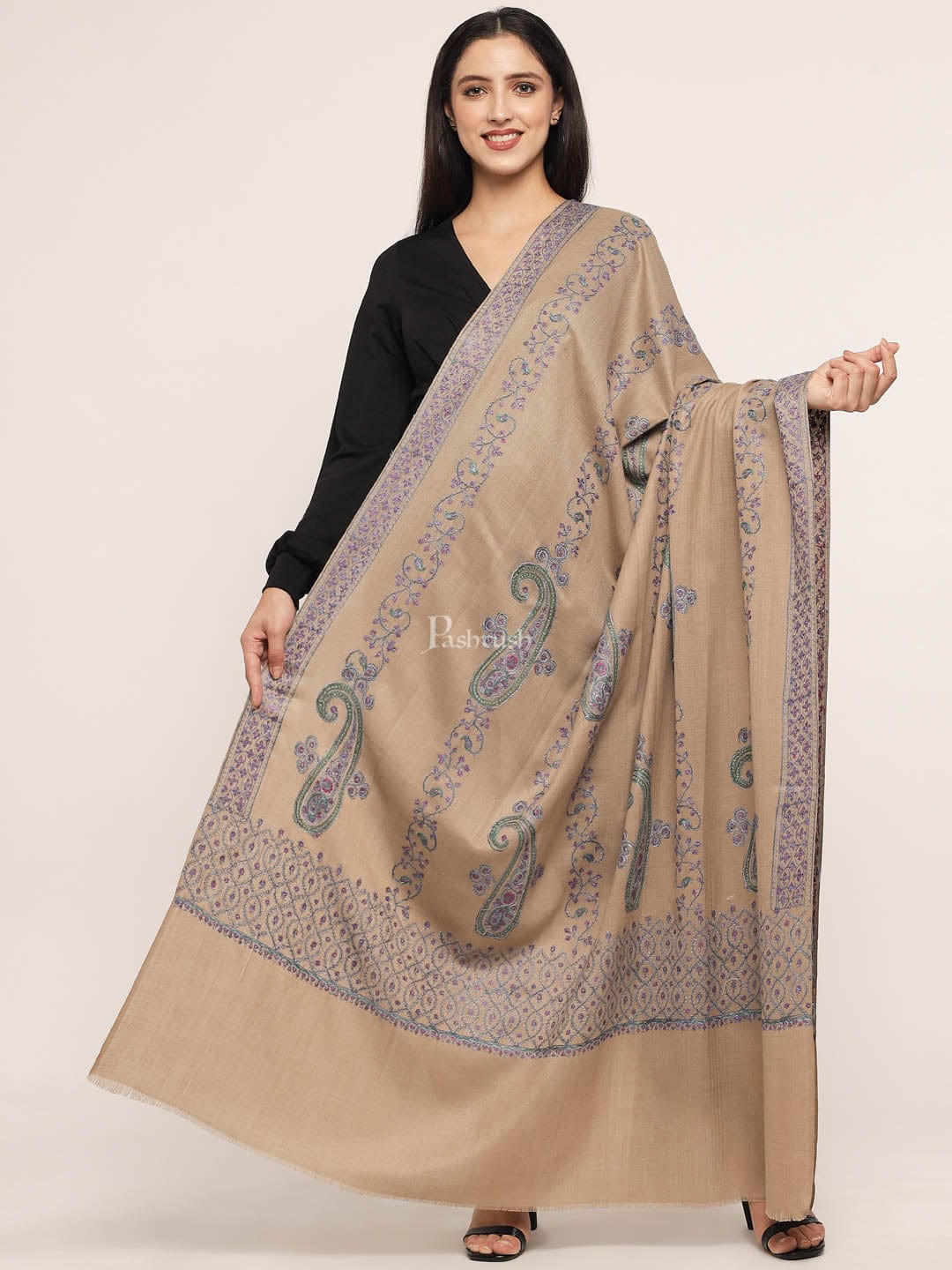 Pashtush India Womens Shawls Pashtush womens Fine Wool shawl, 100% hand embroidery design, Beige