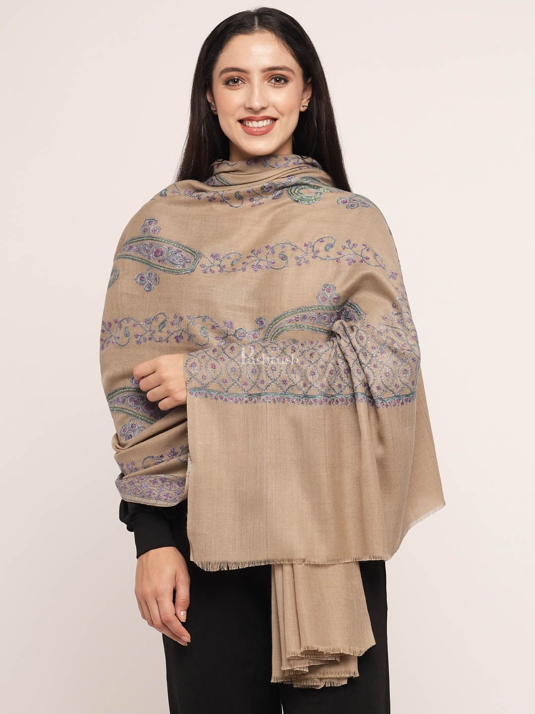 Pashtush India Womens Shawls Pashtush womens Fine Wool shawl, 100% hand embroidery design, Beige