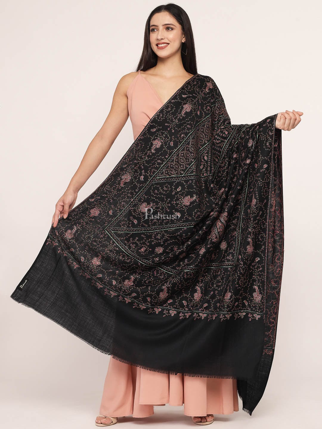 Pashtush India Womens Shawls Pashtush womens Fine Wool shawl, 100% hand embroidery design, Black
