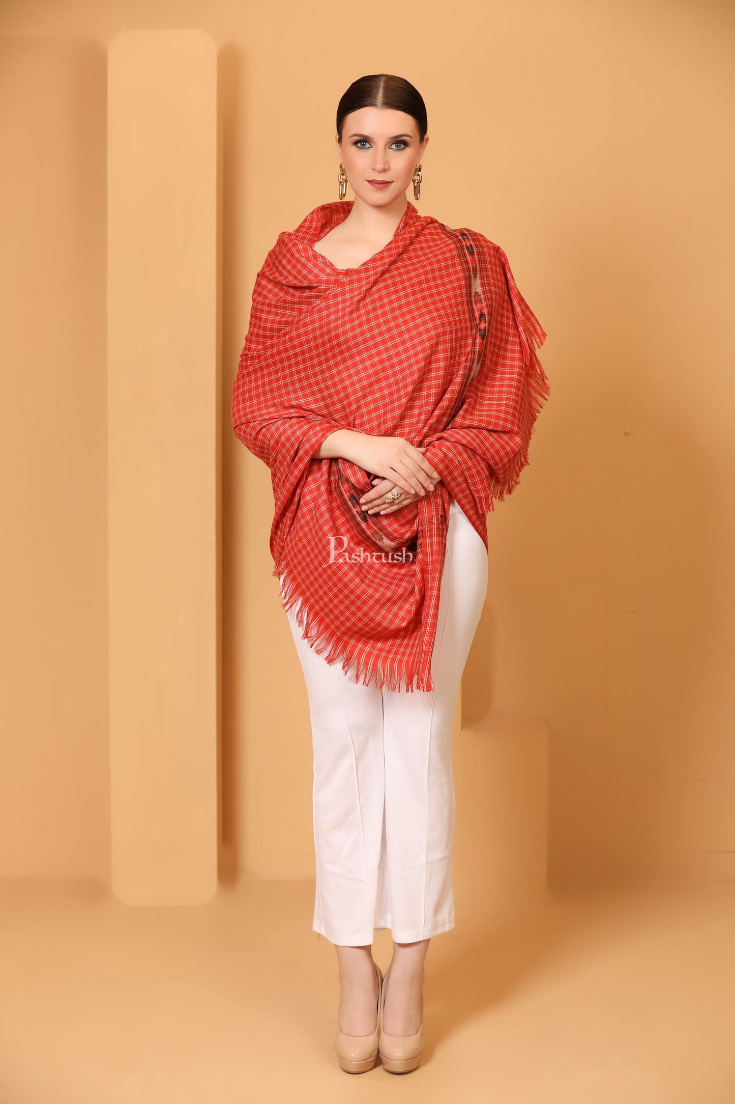 Pashtush India Womens Shawls Pashtush Womens Fine Wool Shawl, Aztec Weave, Woven Design, Scarlet Red