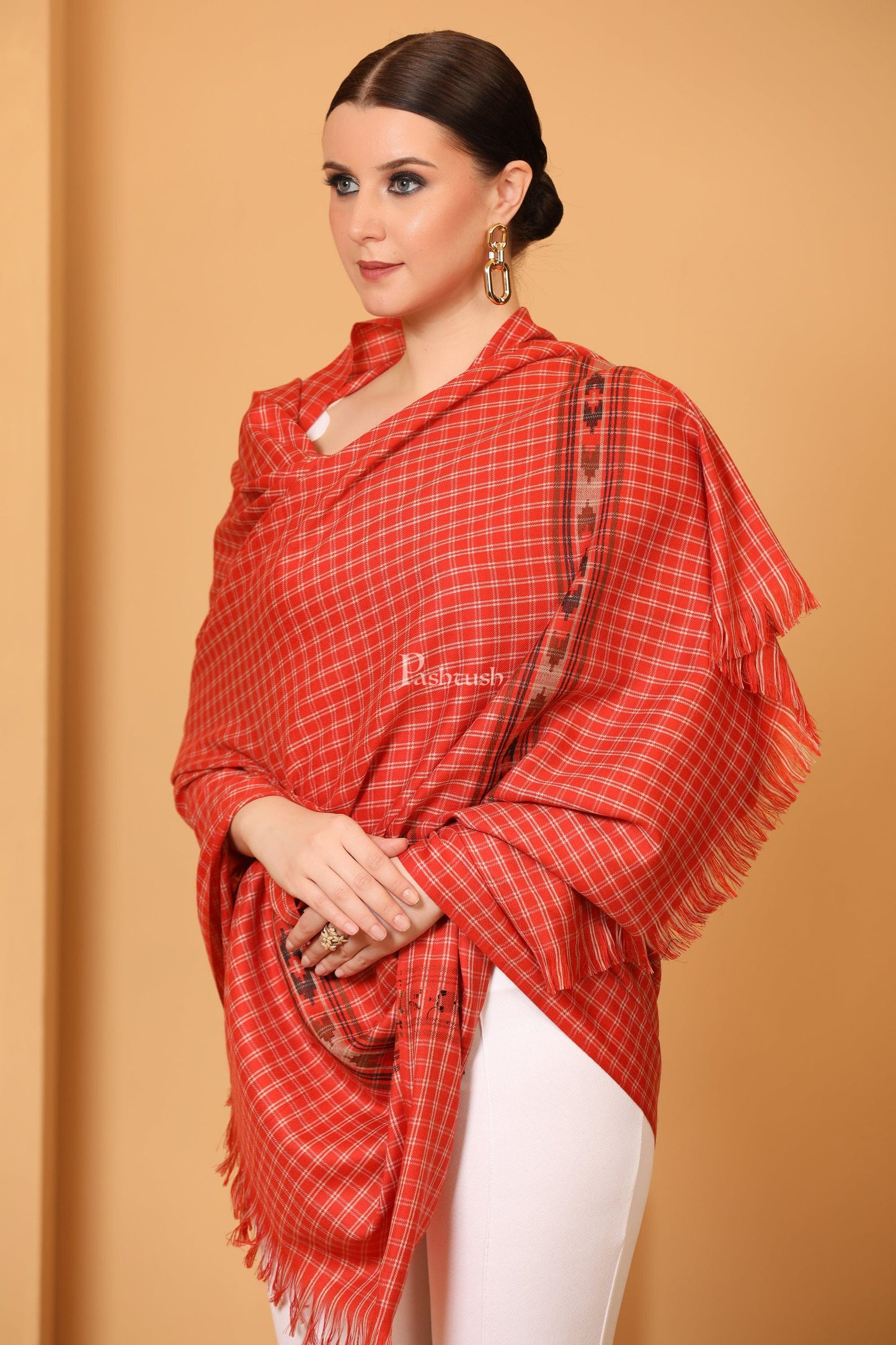 Pashtush India Womens Shawls Pashtush Womens Fine Wool Shawl, Aztec Weave, Woven Design, Scarlet Red