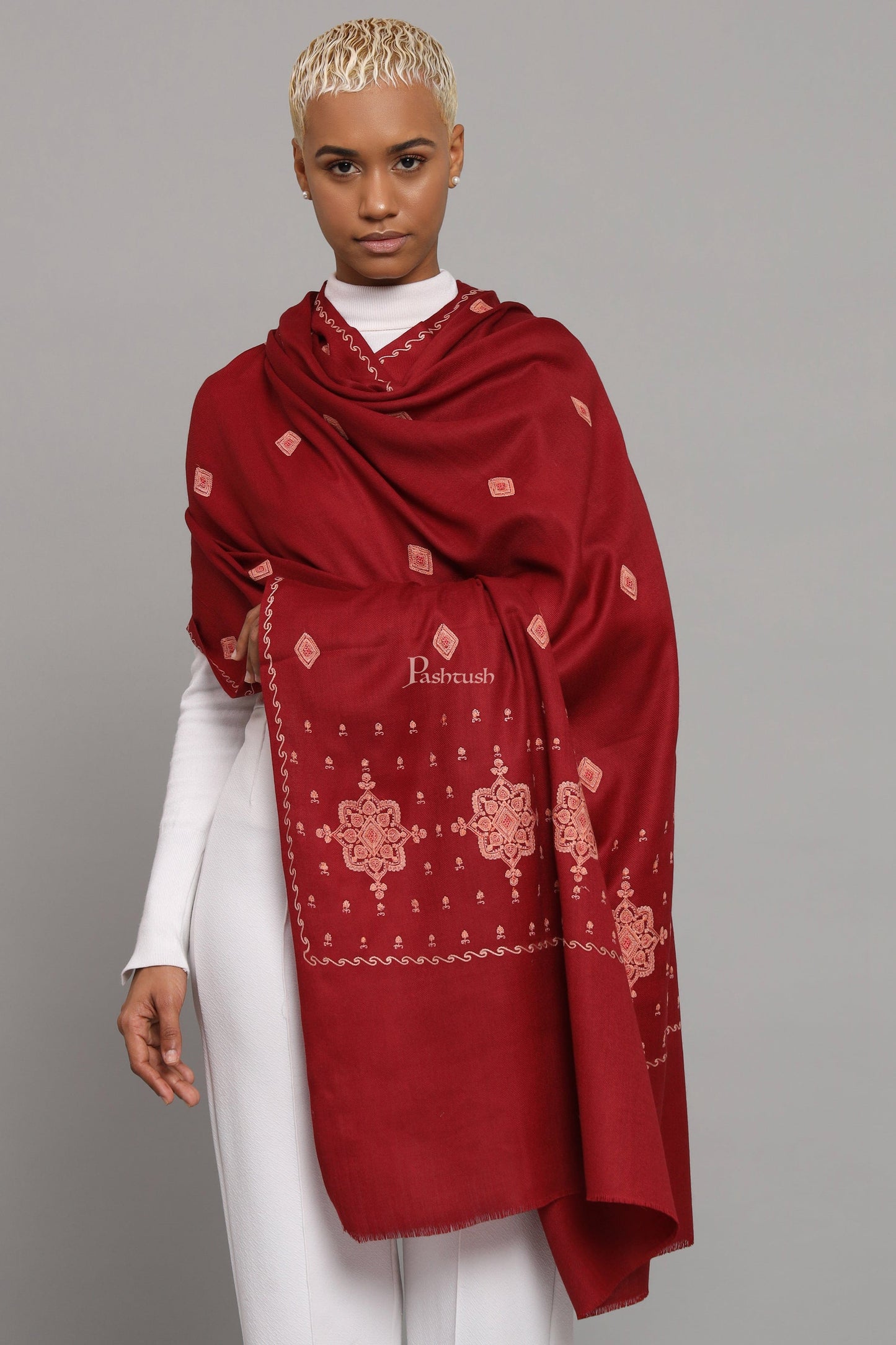 Pashtush India Womens Shawls Pashtush Womens Fine Wool Shawl, Booti Embroidery Design, Maroon