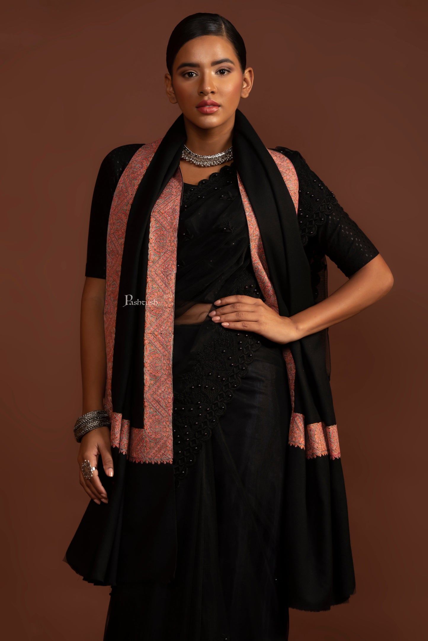 Pashtush India Womens Shawls Pashtush Womens Fine Wool Shawl, Border Embroidery, Challa Daur, Black