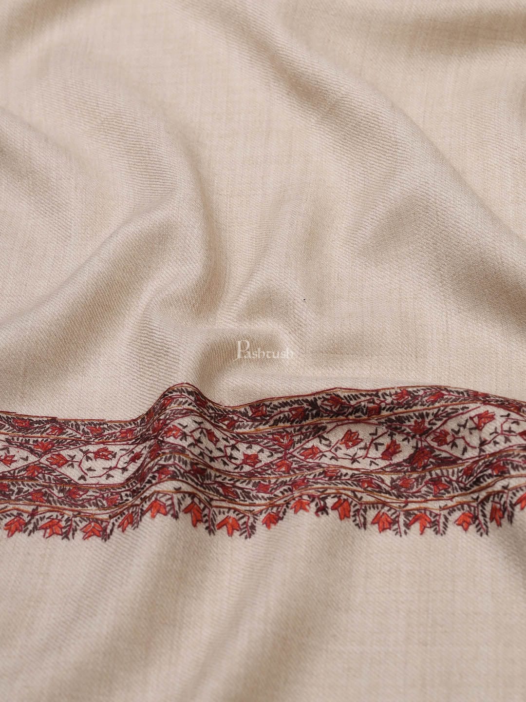Pashtush India Womens Shawls Pashtush womens Fine Wool shawl, border hand embroidary design, Beige
