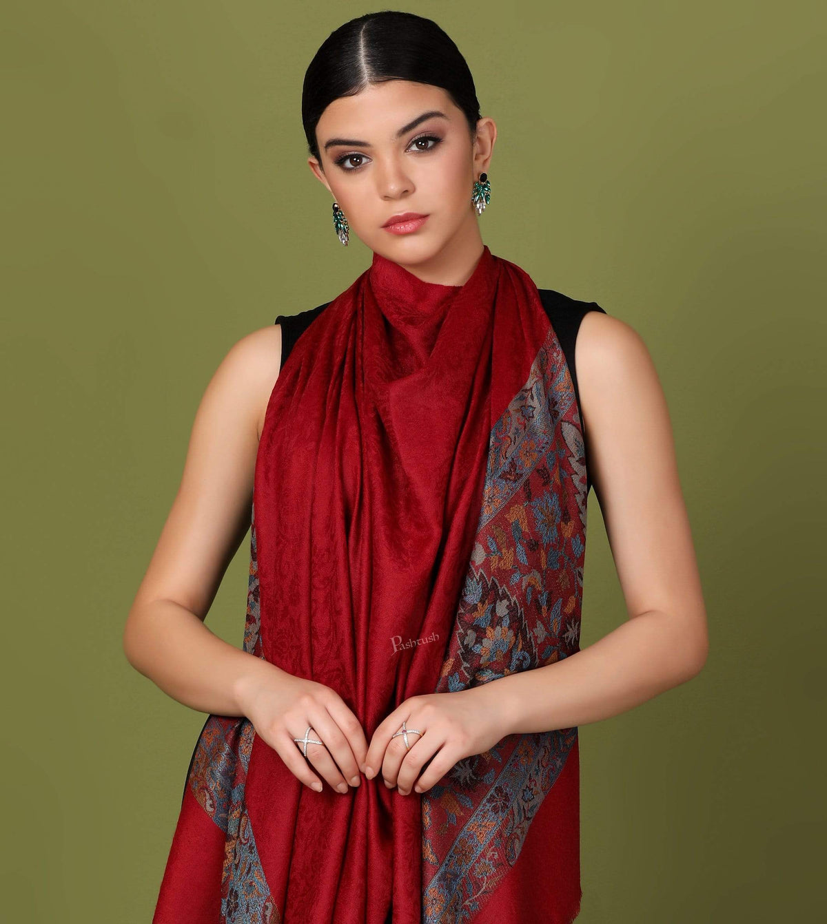 Pashtush Shawl Store Shawl Pashtush Womens Fine Wool Shawl, Carmine Maroon
