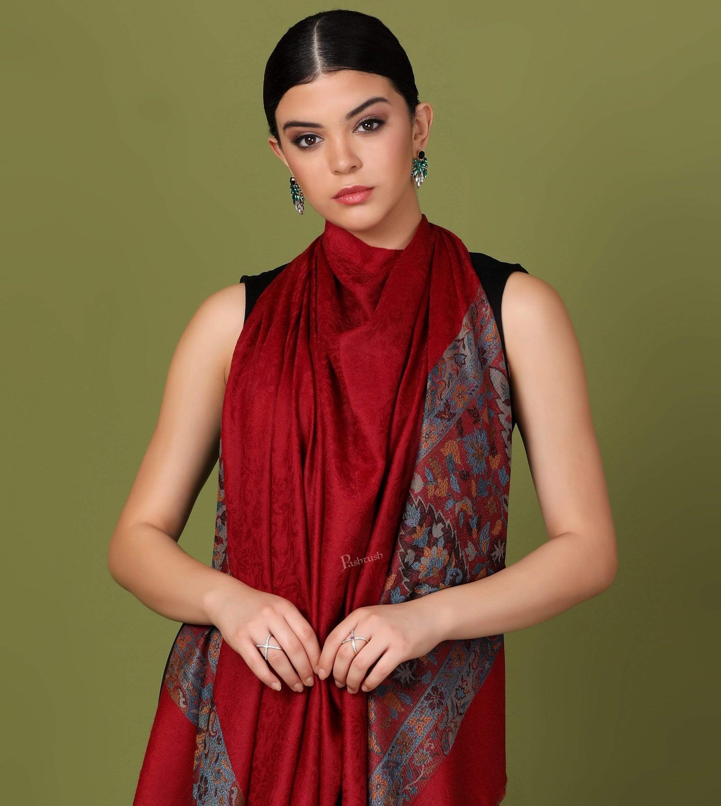 Pashtush Shawl Store Shawl Pashtush Womens Fine Wool Shawl, Carmine Maroon