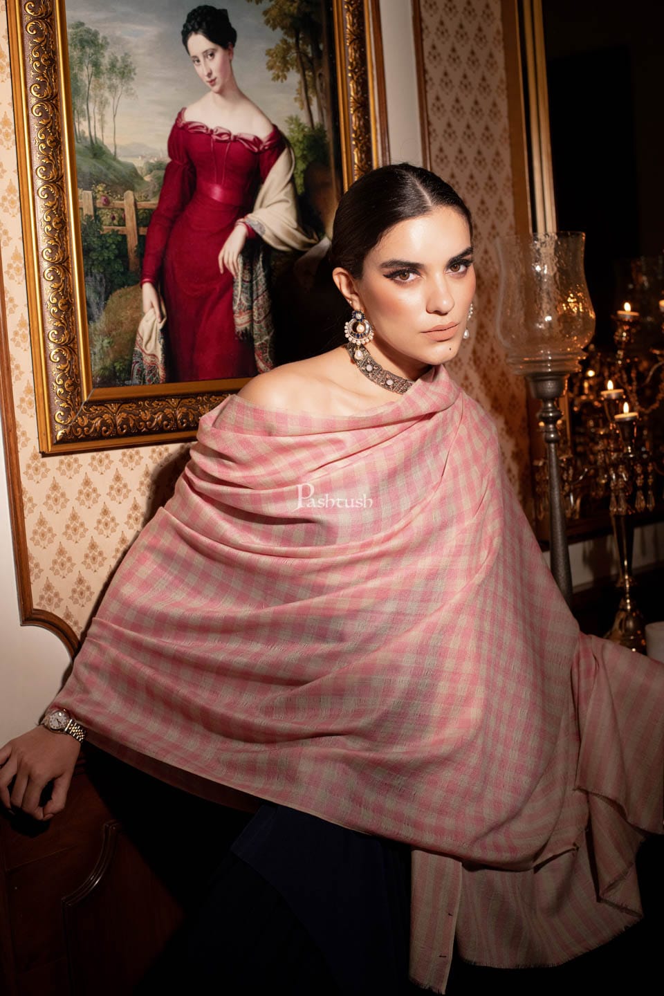 Pashtush India Womens Shawls Pashtush womens Fine Wool Shawl, Check design, Pink