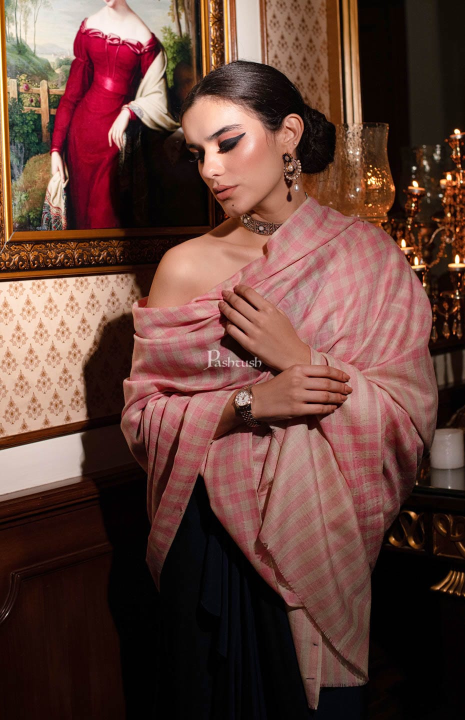 Pashtush India Womens Shawls Pashtush womens Fine Wool Shawl, Check design, Pink