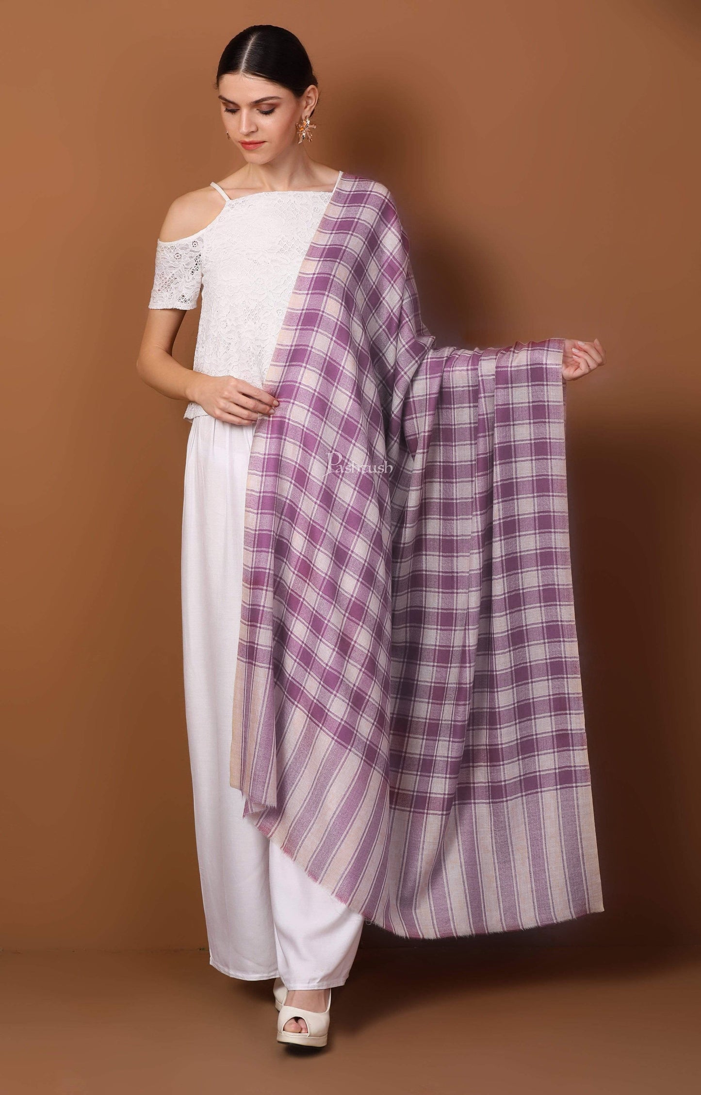 Pashtush India Womens Shawls Pashtush Womens Fine Wool Shawl, Checkered Design, Majenta