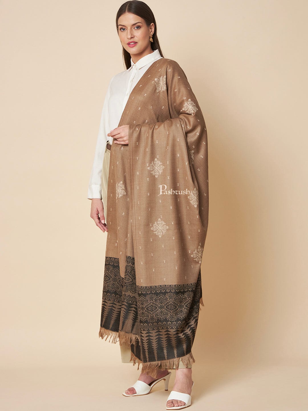 Pashtush India Womens Shawls Pashtush Womens Fine Wool Shawl, Contrast Palla With Tonal Embroidery Design, Blue And Beige