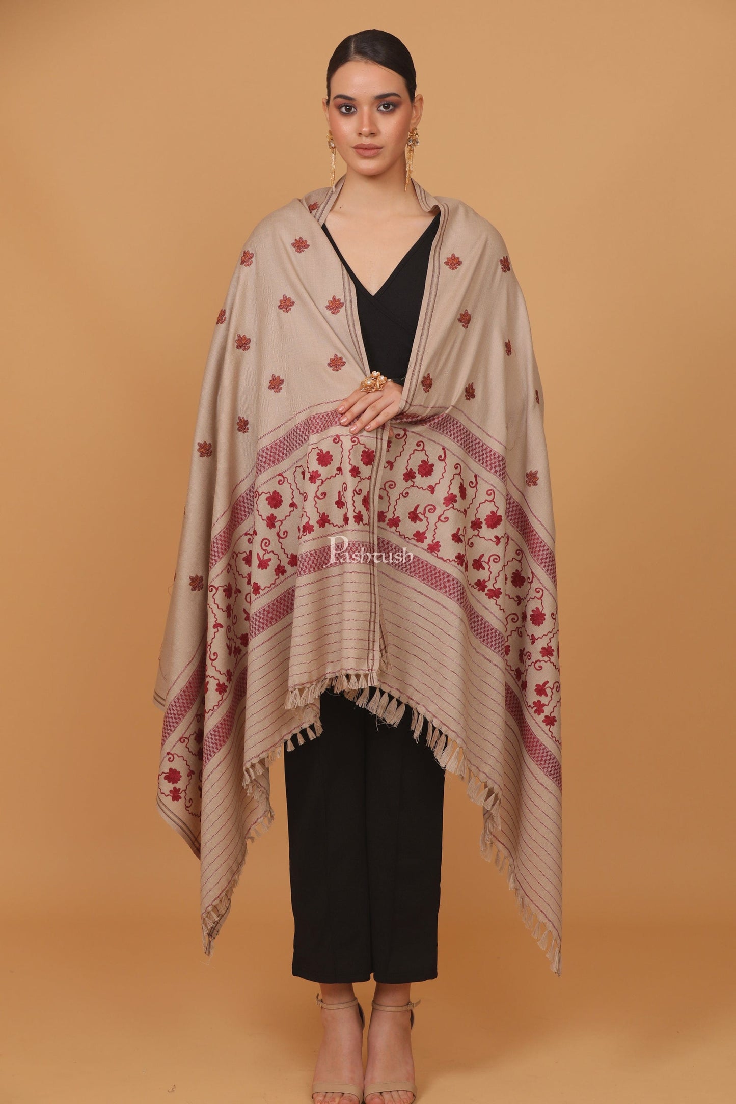 Pashtush India Womens Stoles and Scarves Scarf Pashtush womens Fine Wool shawl, design, Beige