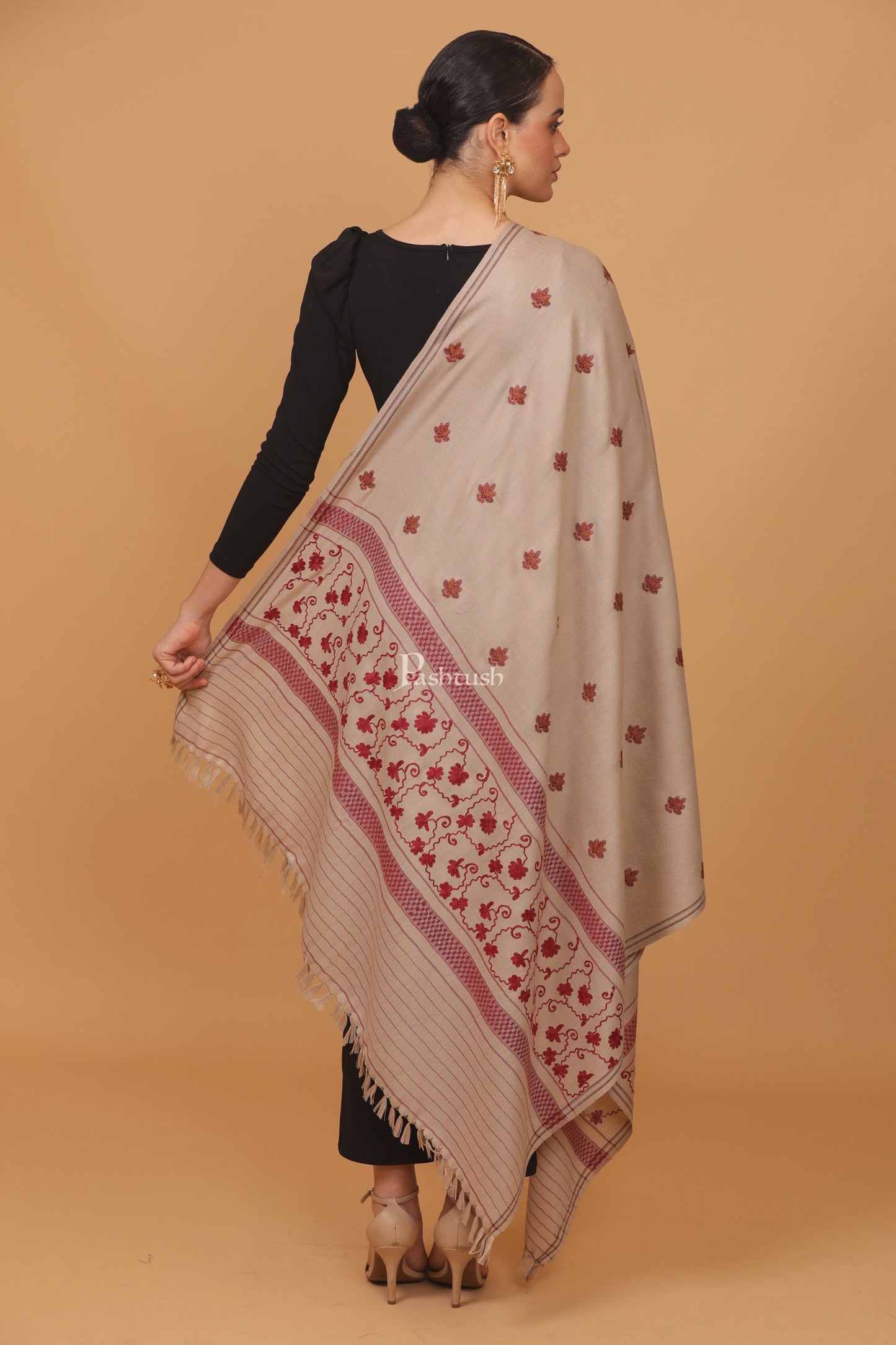 Pashtush India Womens Stoles and Scarves Scarf Pashtush womens Fine Wool shawl, design, Beige