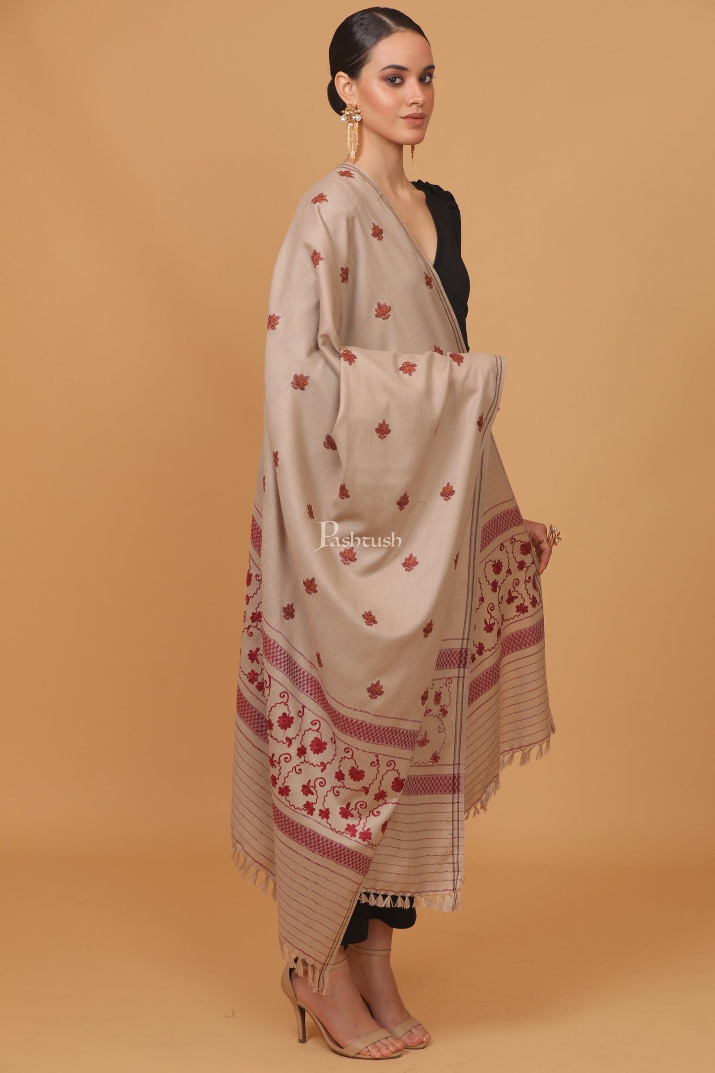 Pashtush India Womens Stoles and Scarves Scarf Pashtush womens Fine Wool shawl, design, Beige