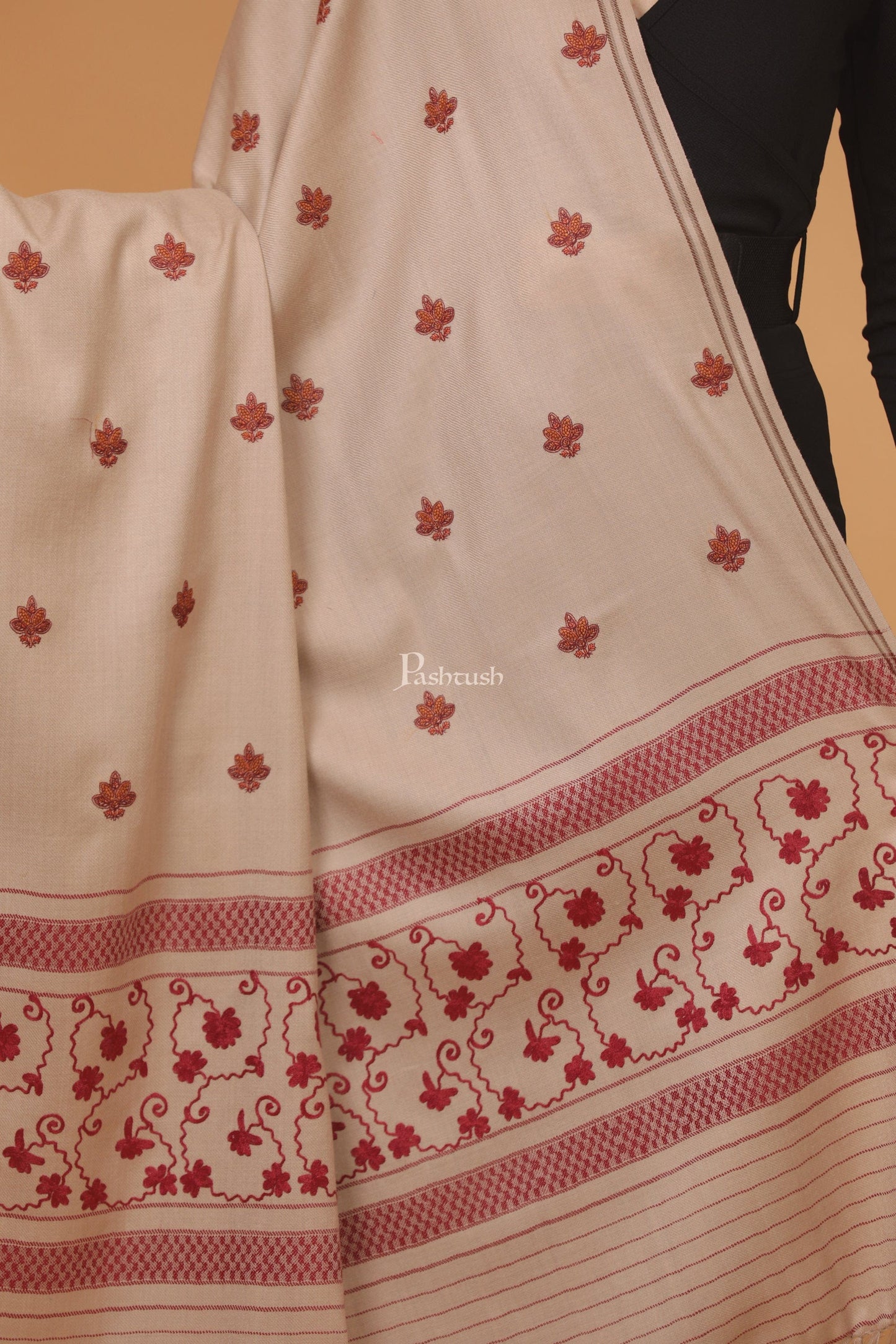Pashtush India Womens Stoles and Scarves Scarf Pashtush womens Fine Wool shawl, design, Beige