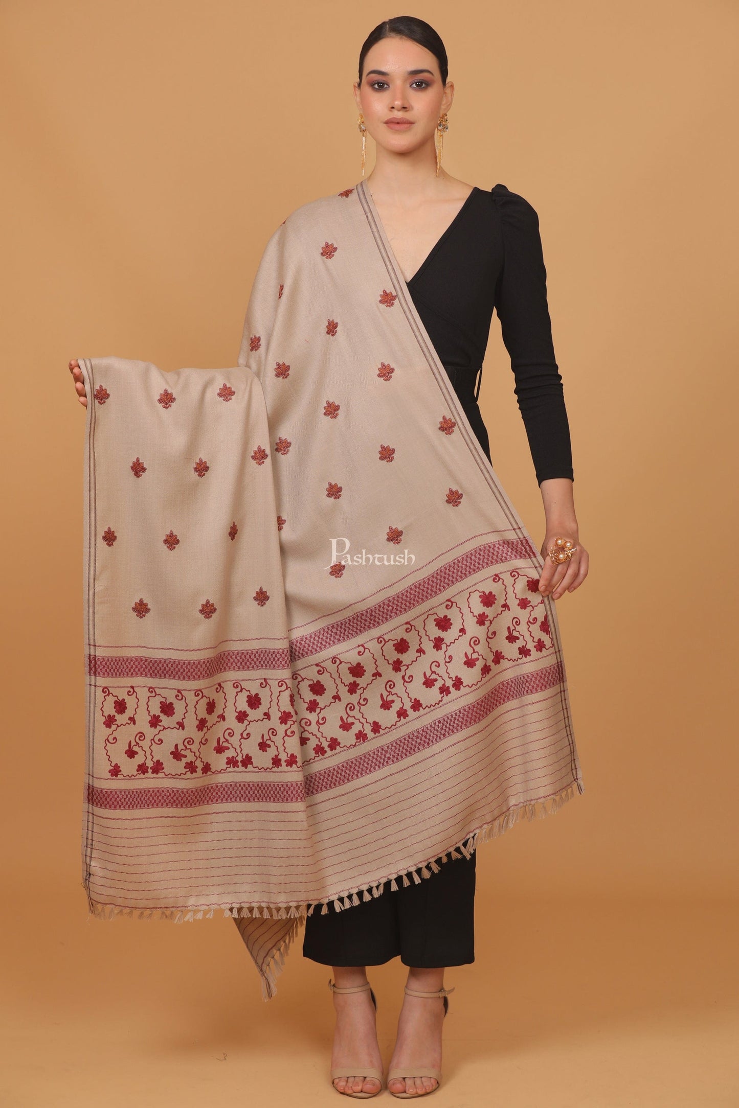 Pashtush India Womens Stoles and Scarves Scarf Pashtush womens Fine Wool shawl, design, Beige