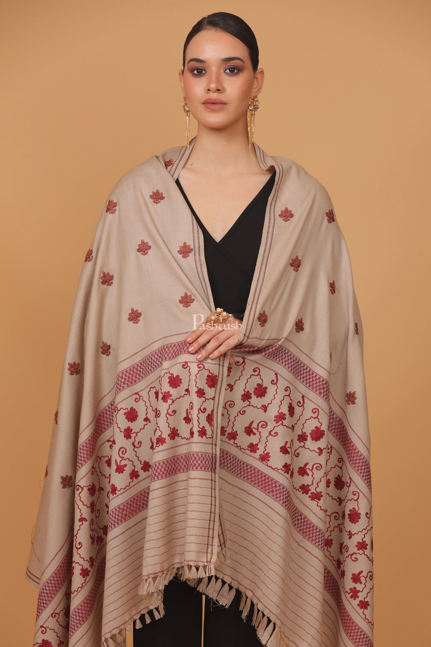 Pashtush India Womens Stoles and Scarves Scarf Pashtush womens Fine Wool shawl, design, Beige