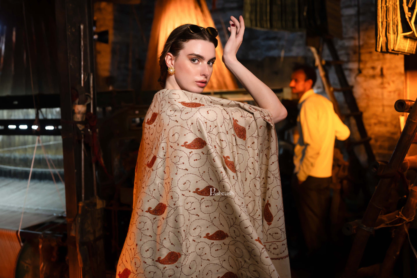 Pashtush India Womens Shawls Pashtush Womens Fine Wool Shawl, Design, Beige
