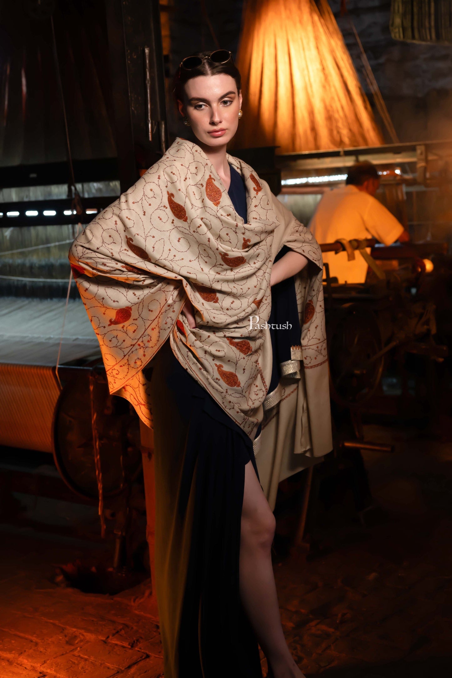 Pashtush India Womens Shawls Pashtush Womens Fine Wool Shawl, Design, Beige
