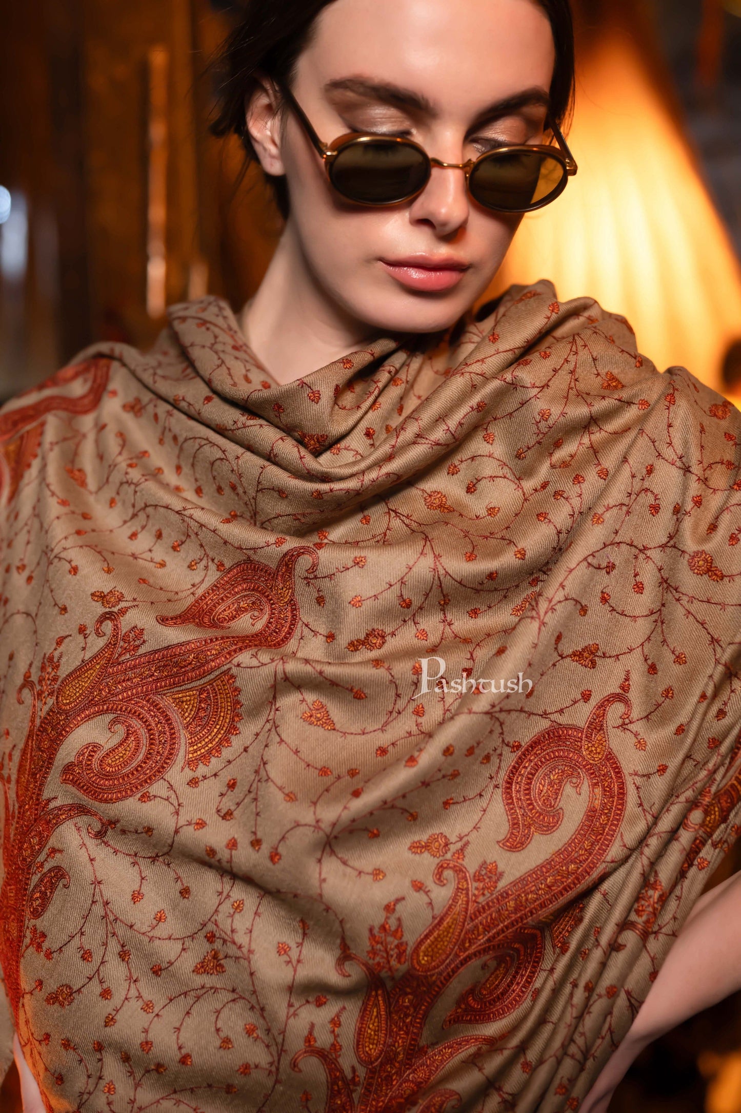 Pashtush India Womens Shawls Pashtush Womens Fine Wool Shawl, Design, Beige