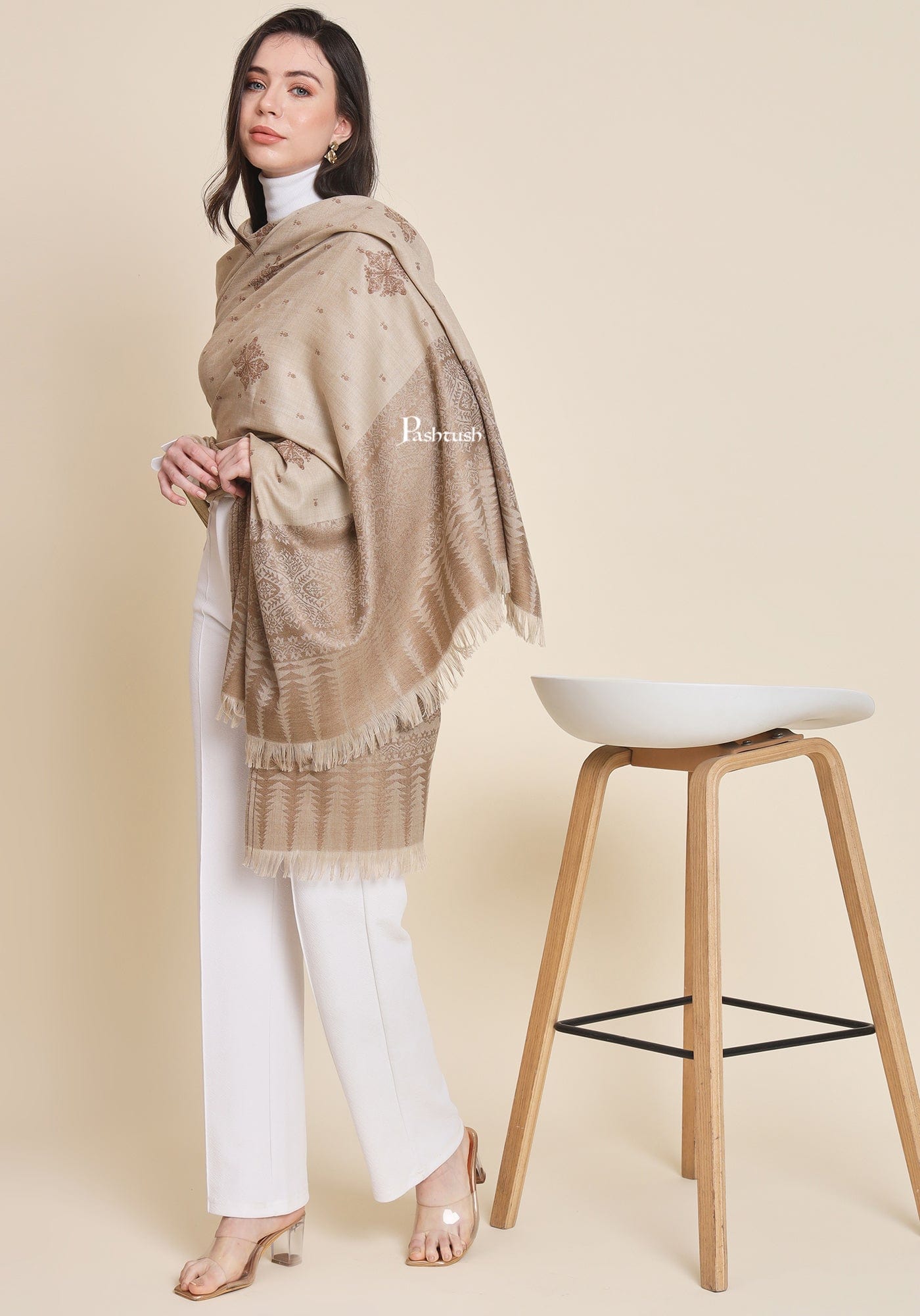 Pashtush India Womens Shawls Pashtush Womens Fine Wool Shawl, Design, Beige