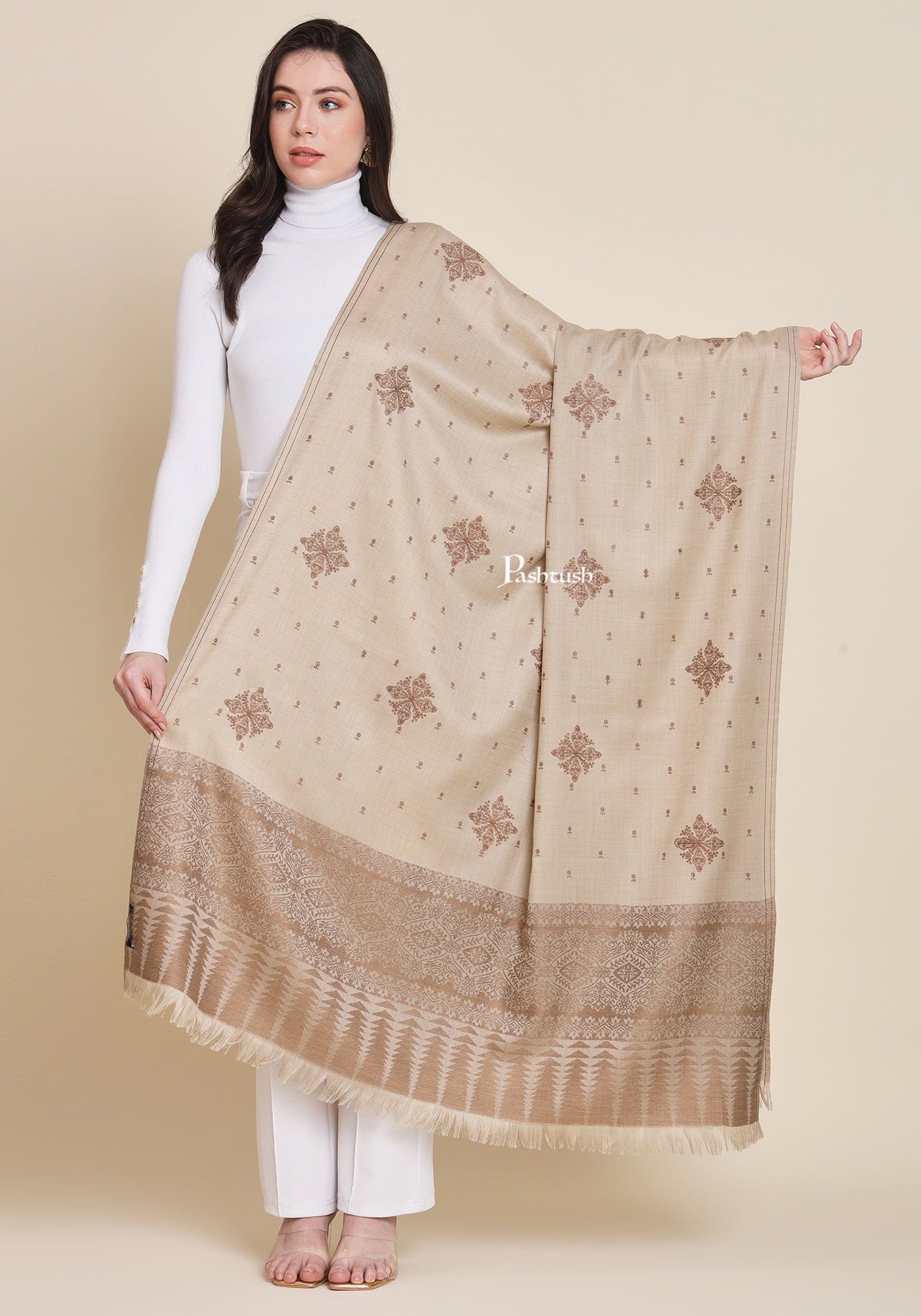 Pashtush India Womens Shawls Pashtush Womens Fine Wool Shawl, Design, Beige