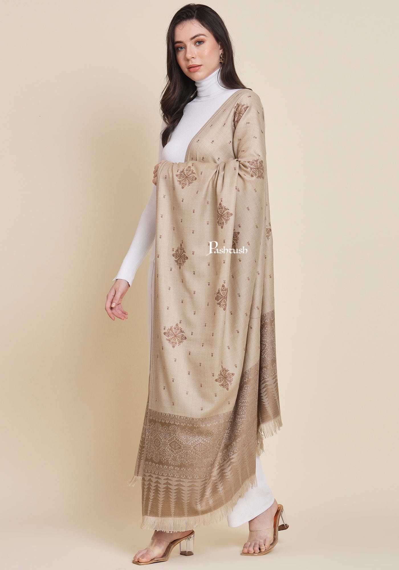 Pashtush India Womens Shawls Pashtush Womens Fine Wool Shawl, Design, Beige