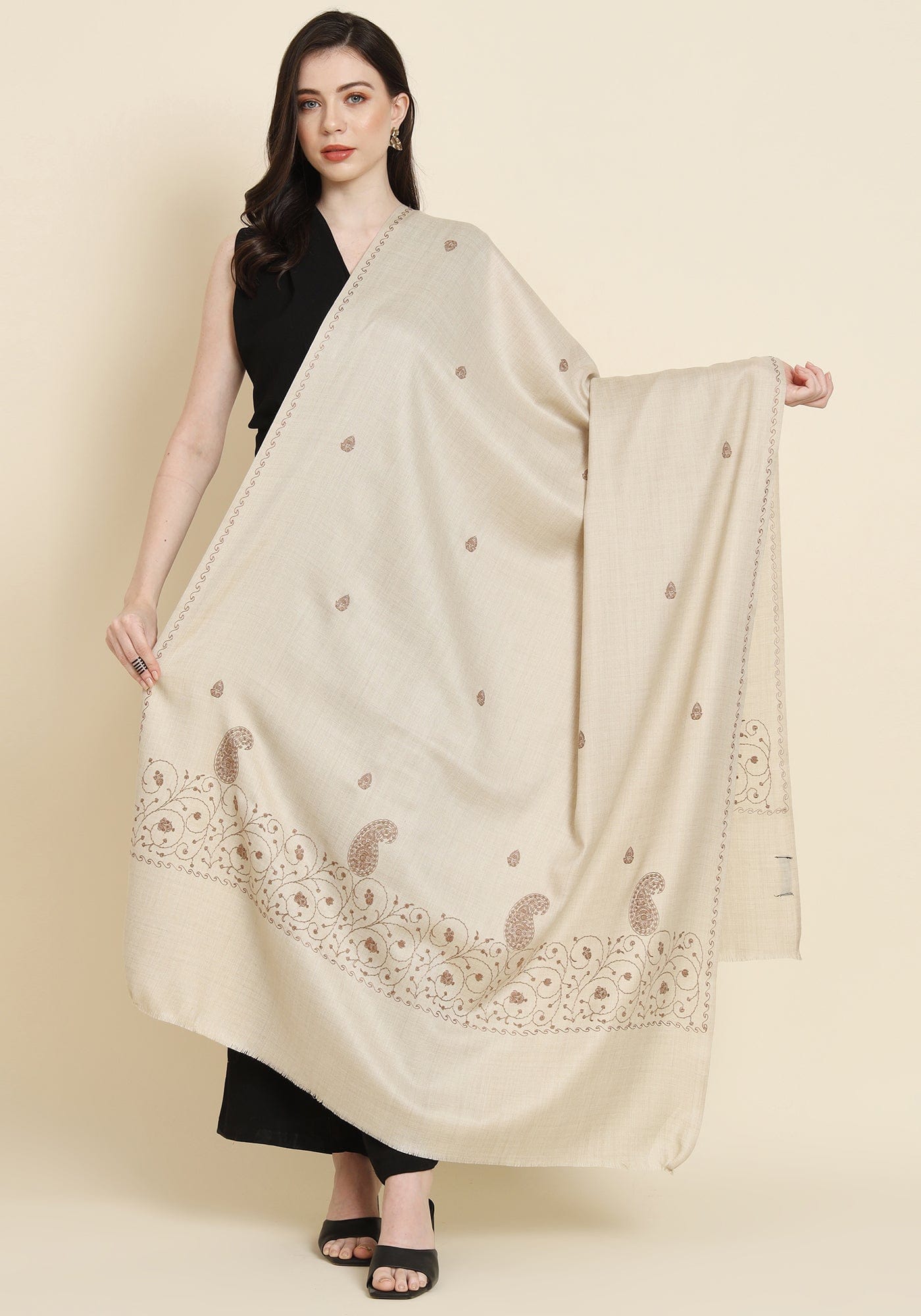 Pashtush India Womens Shawls Pashtush Womens Fine Wool Shawl, Design, Beige