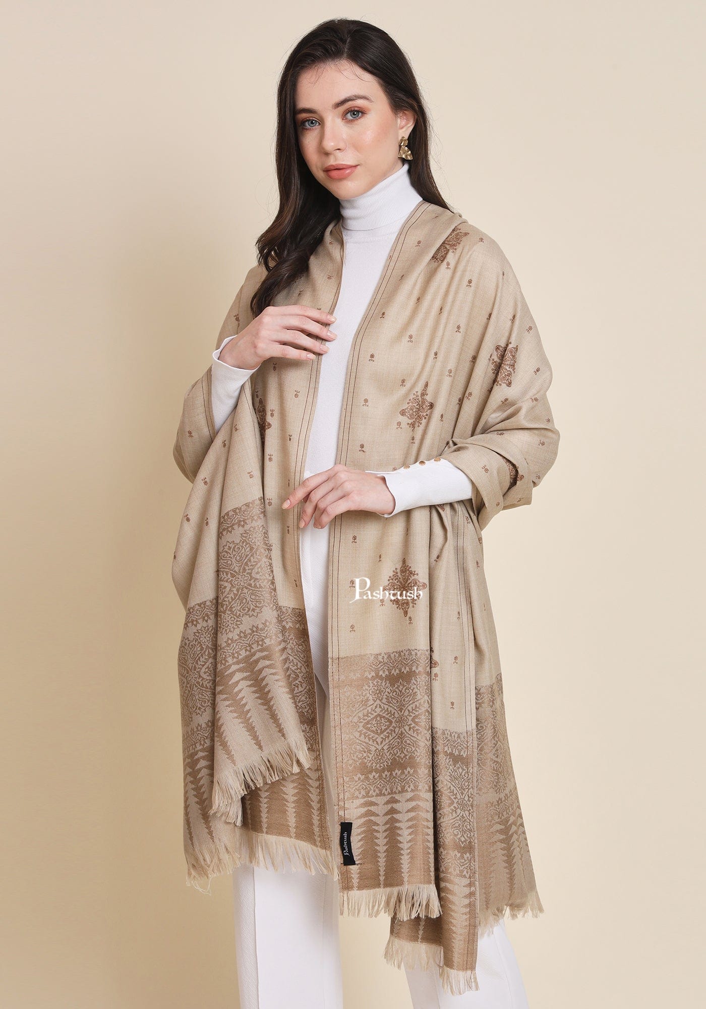 Pashtush India Womens Shawls Pashtush Womens Fine Wool Shawl, Design, Beige